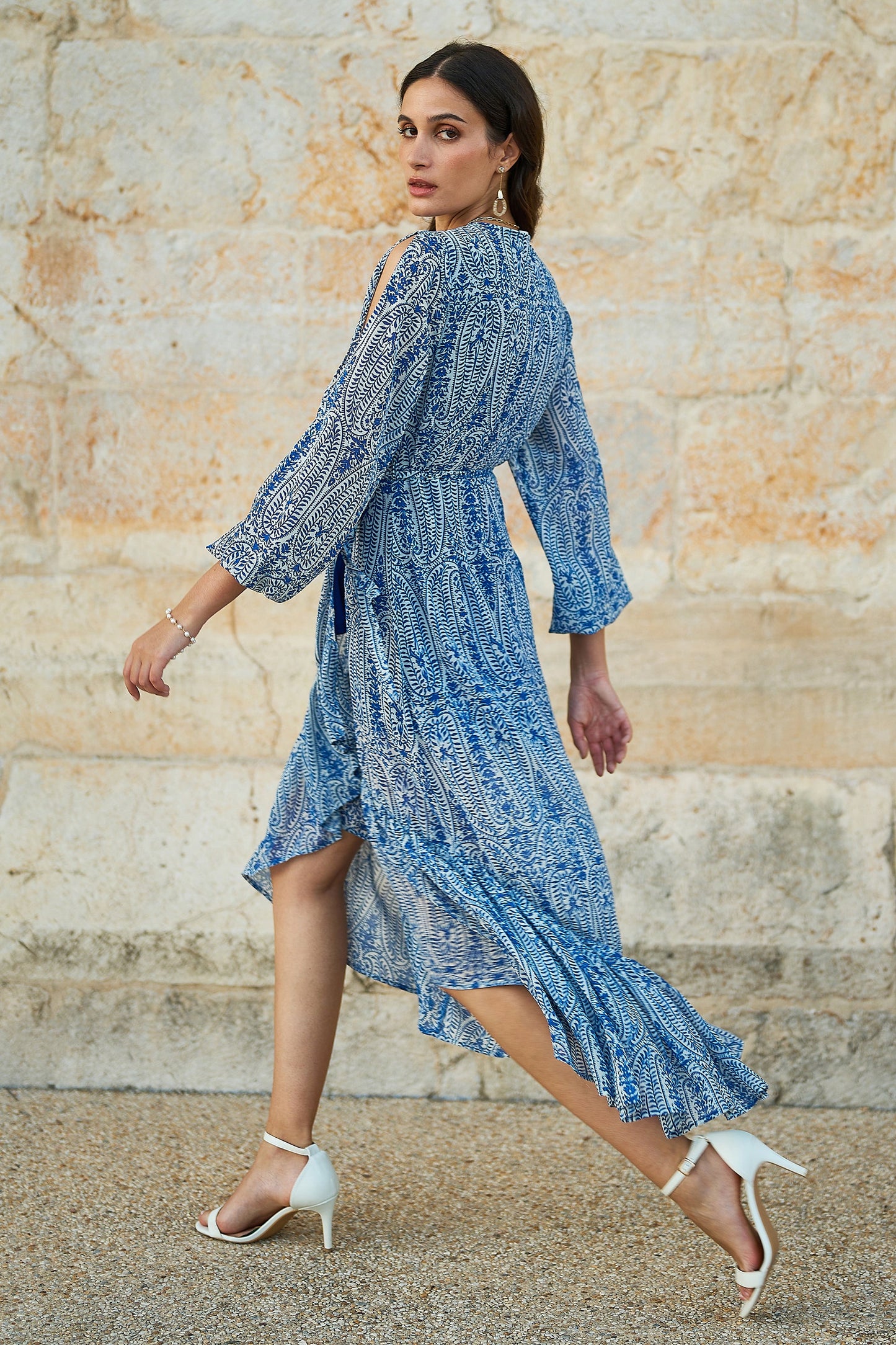 Blue Paisley Dipped Hemline Midi Dress With Open Long Sleeves