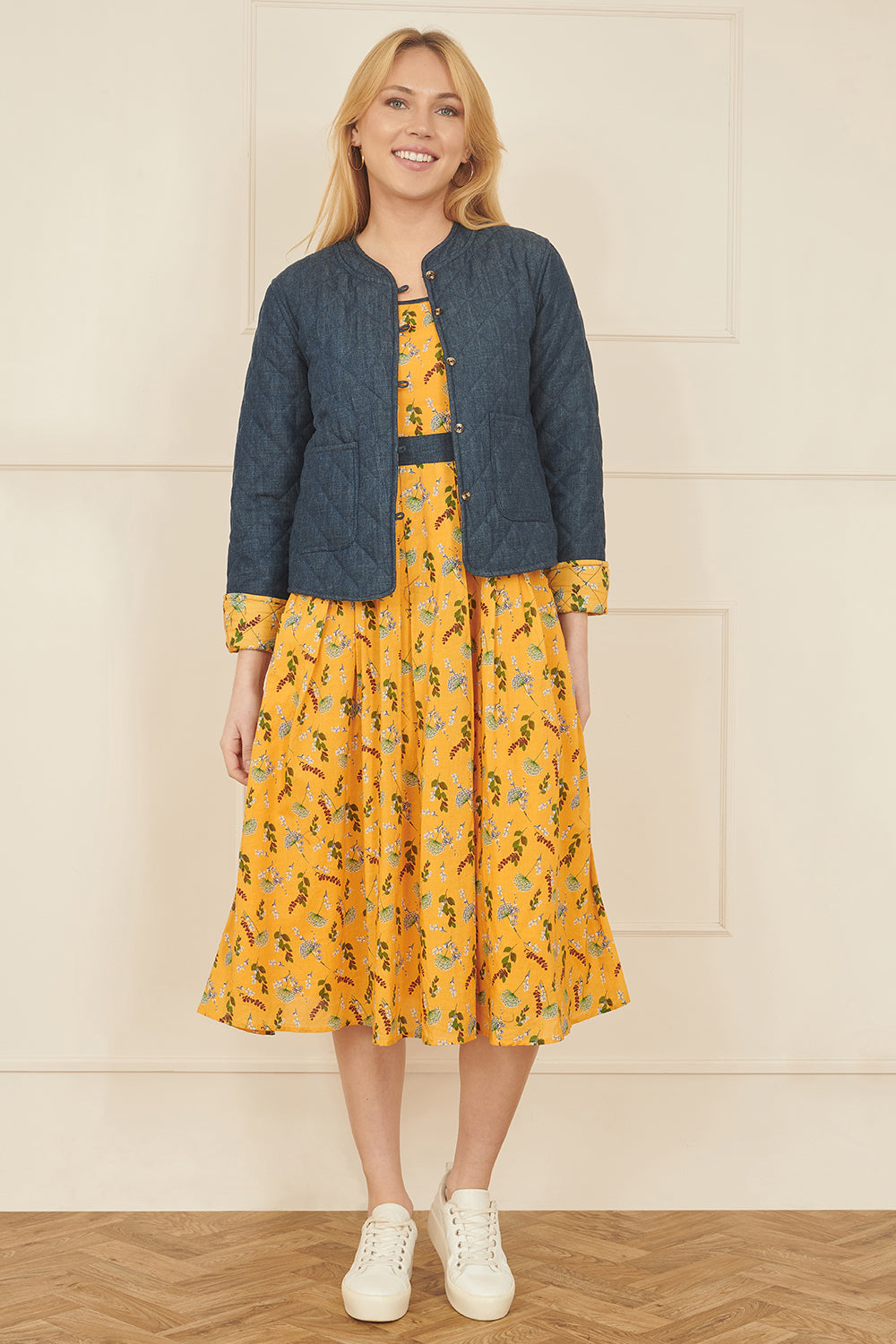 Mustard Floral Skater Dress With Denim Trims