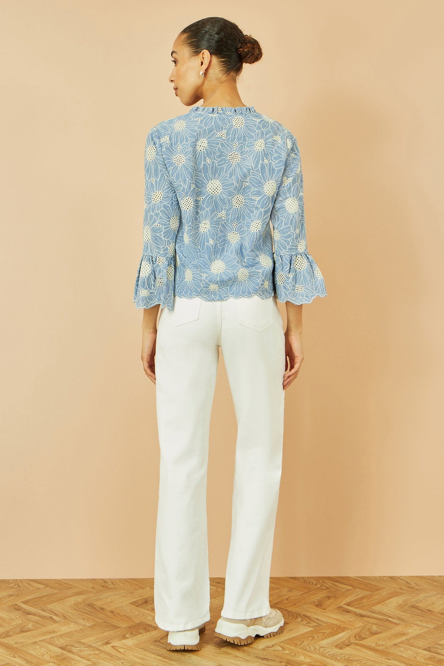 Blue Daisy Broderie Shirt With Fluted Sleeves