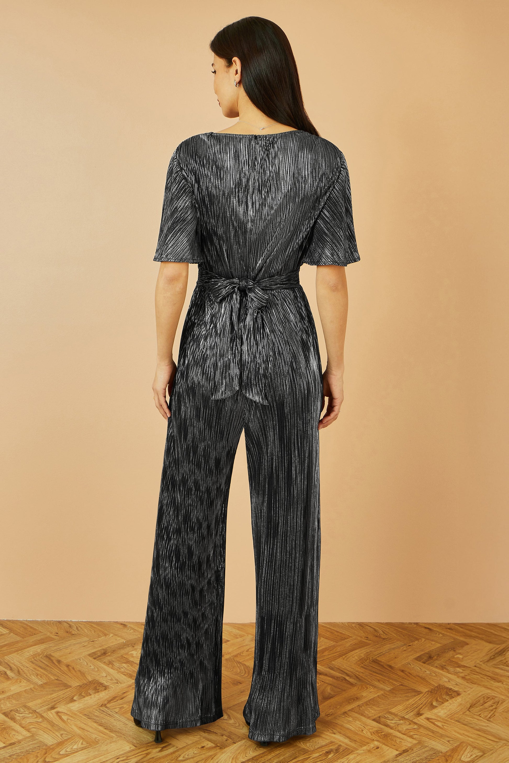 Black Metallic Pleated Jumpsuit With V Neck - Sizes 8 to 16