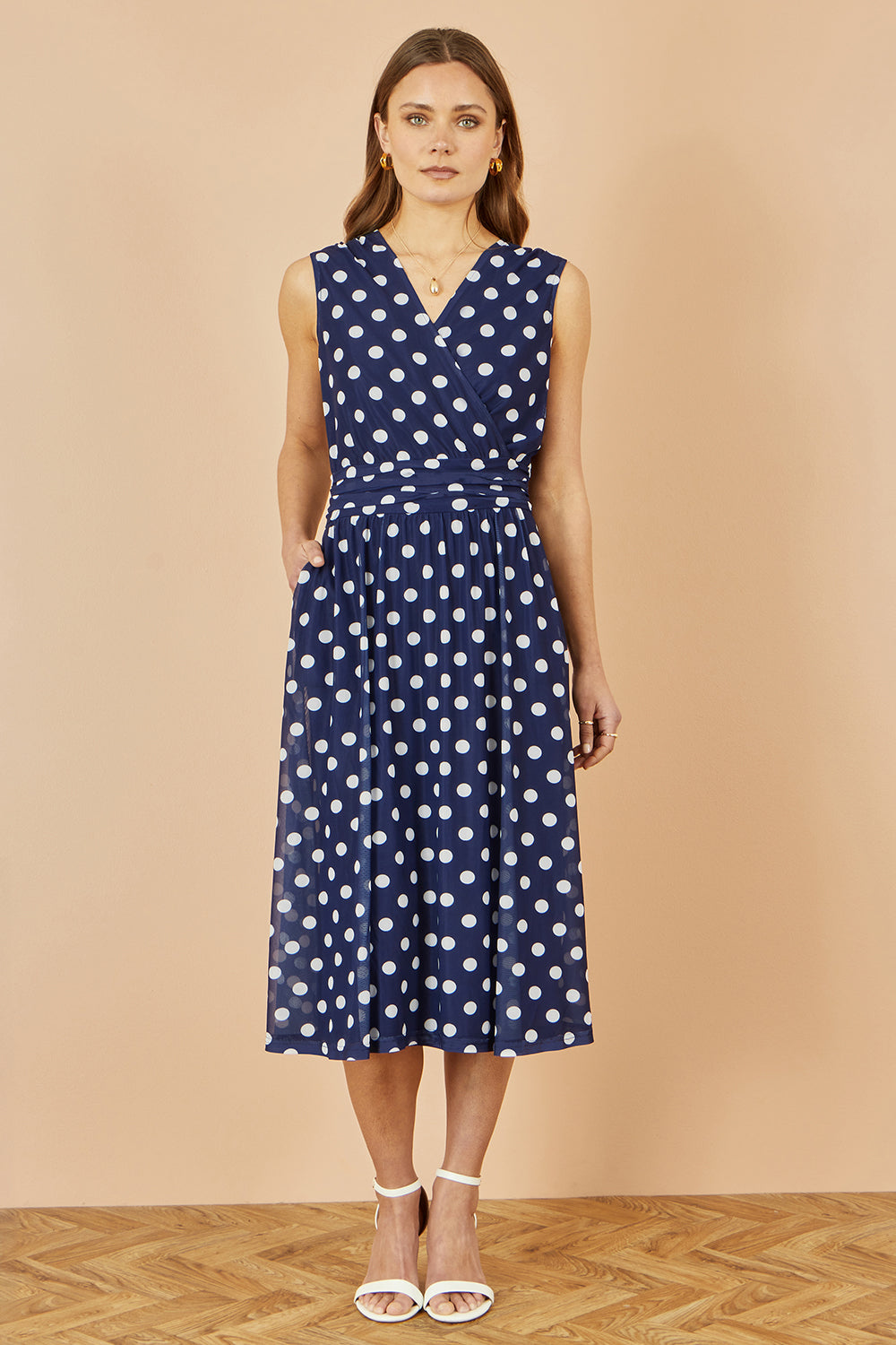 Navy Polka Dot Mesh Wrap Skater Dress With Pockets