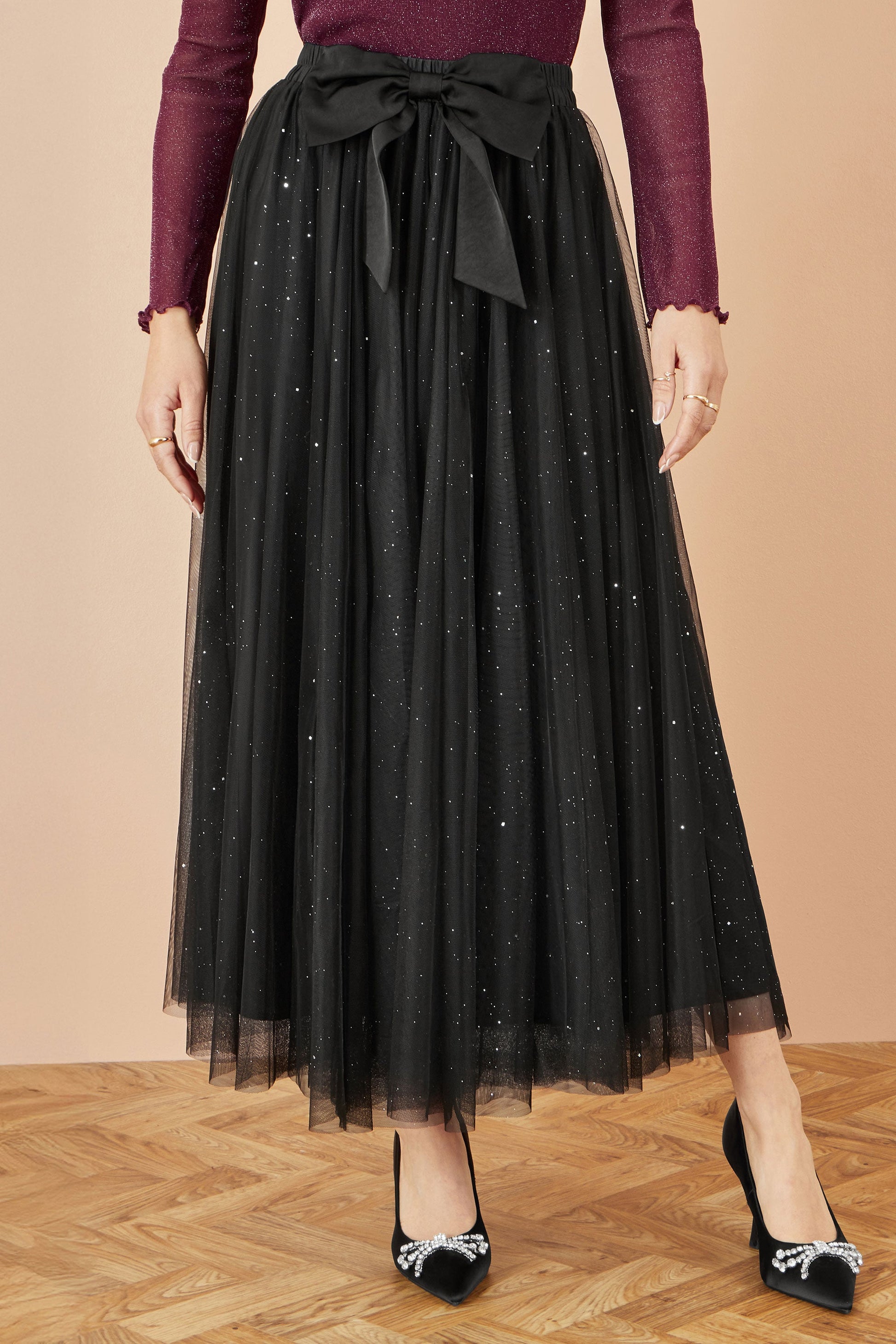 Black Sparkle Mesh Tulle Skirt With Satin Bow - Sizes 8 to 16