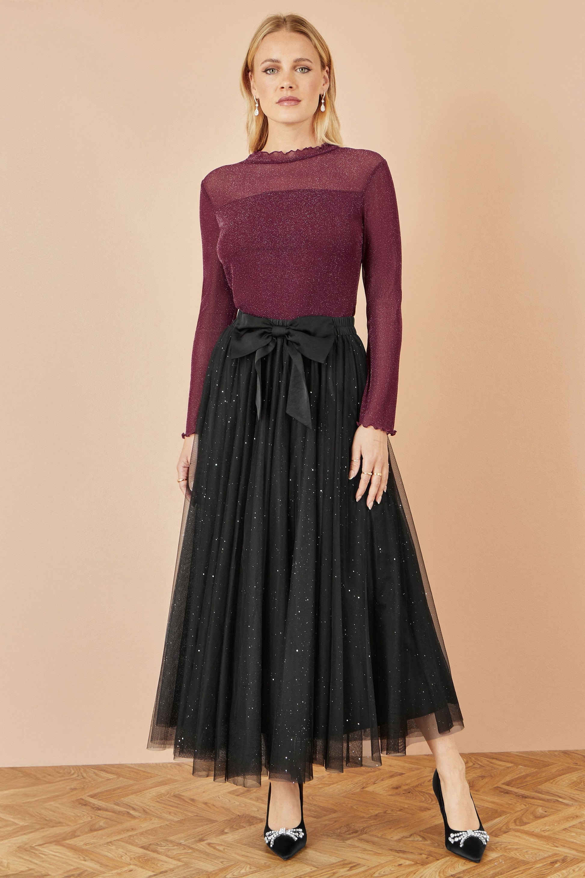 Black Sparkle Mesh Tulle Skirt With Satin Bow - Sizes 8 to 16