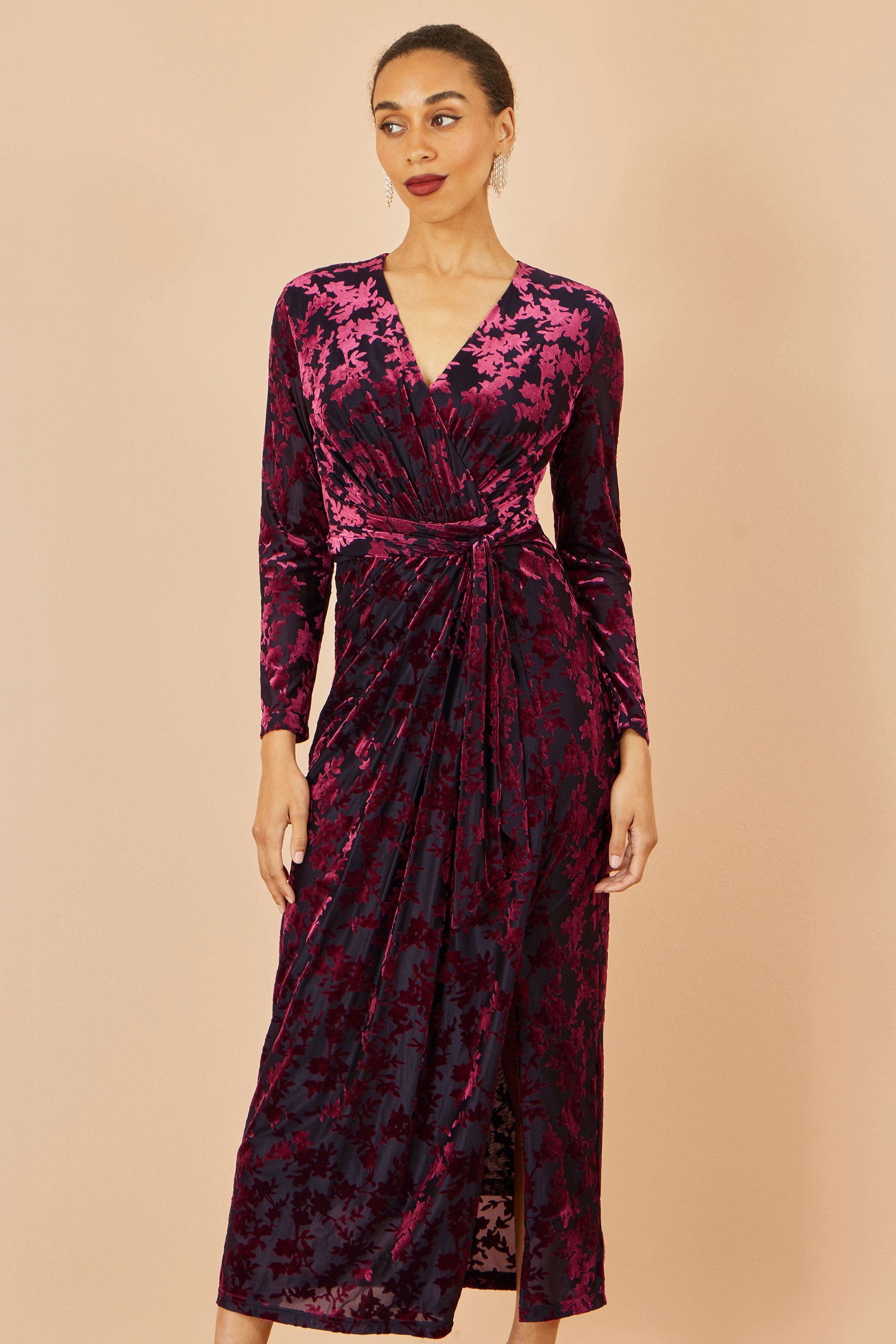 Burgundy and Black Velour Stretch Midi Dress -  Sizes 8 to 16