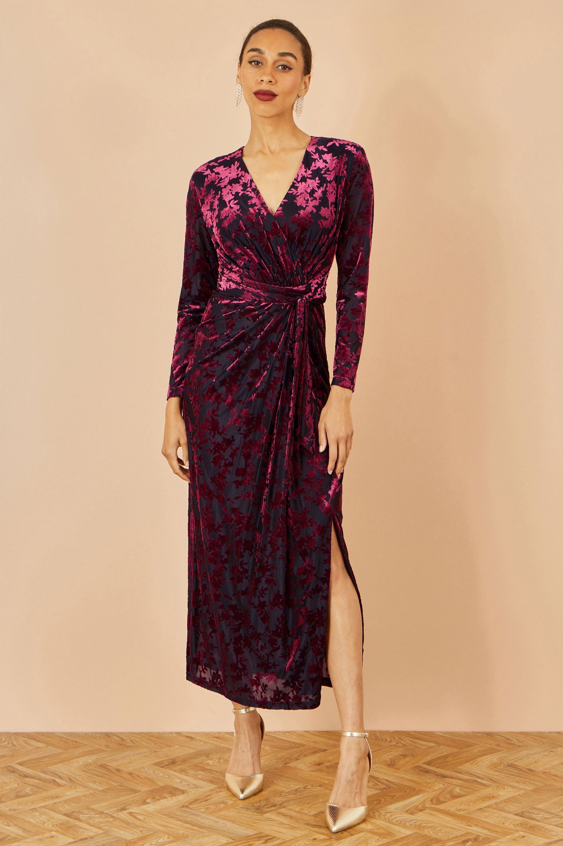 Burgundy and Black Velour Stretch Midi Dress -  Sizes 8 to 16