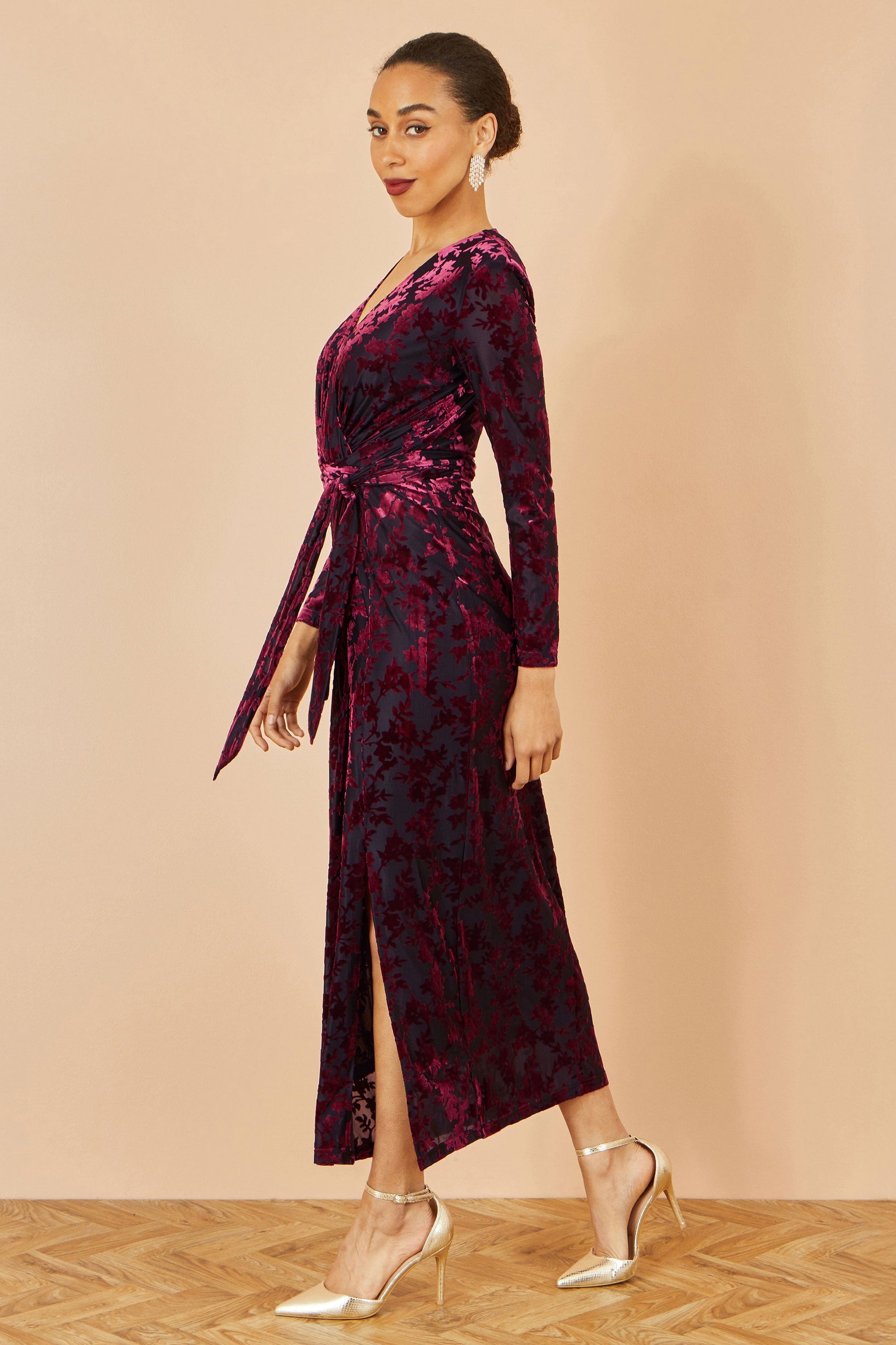 Burgundy and Black Velour Stretch Midi Dress -  Sizes 8 to 16