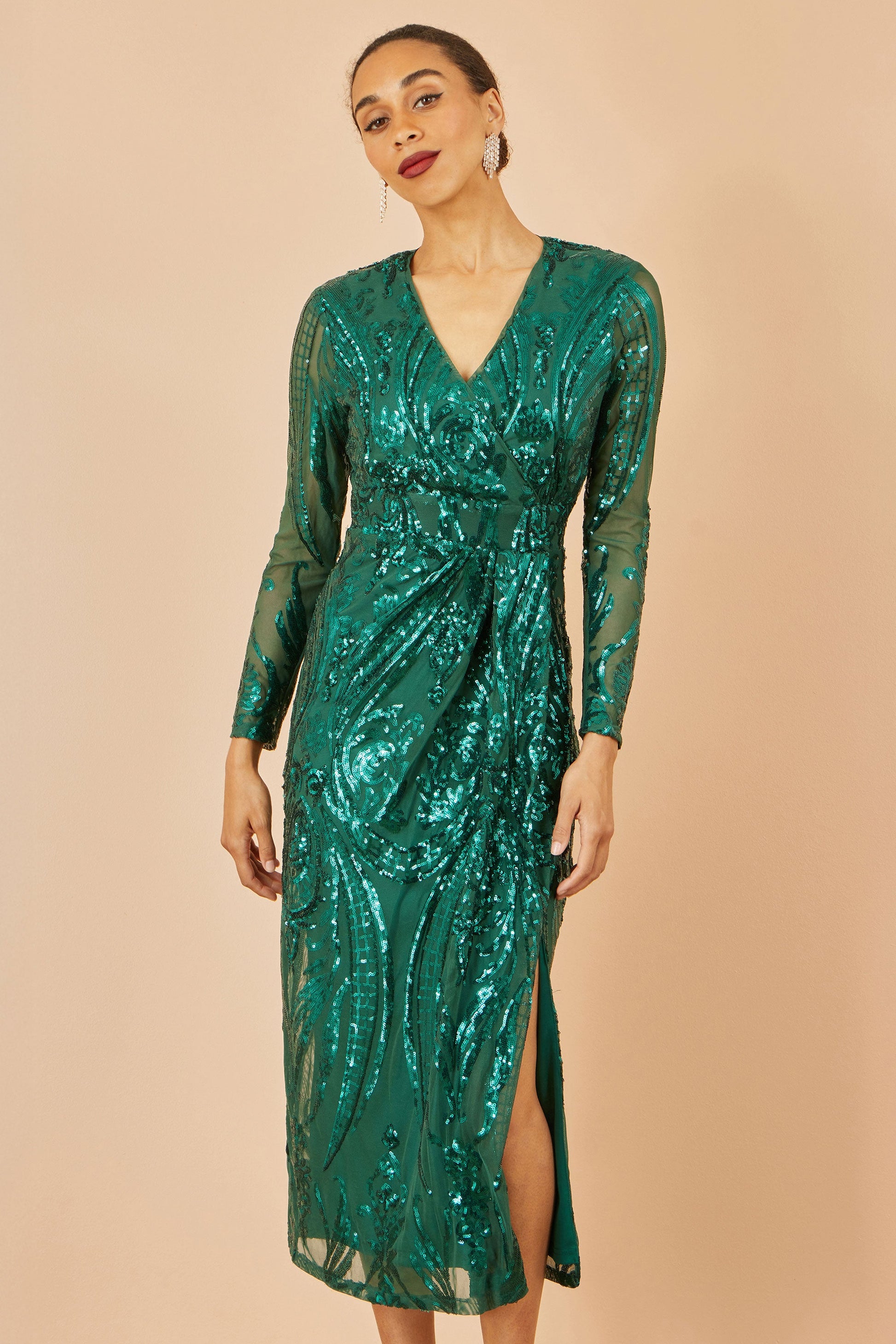 Green Sequin Midi Wrap Dress With Split Hemline - Sizes 8 to 16