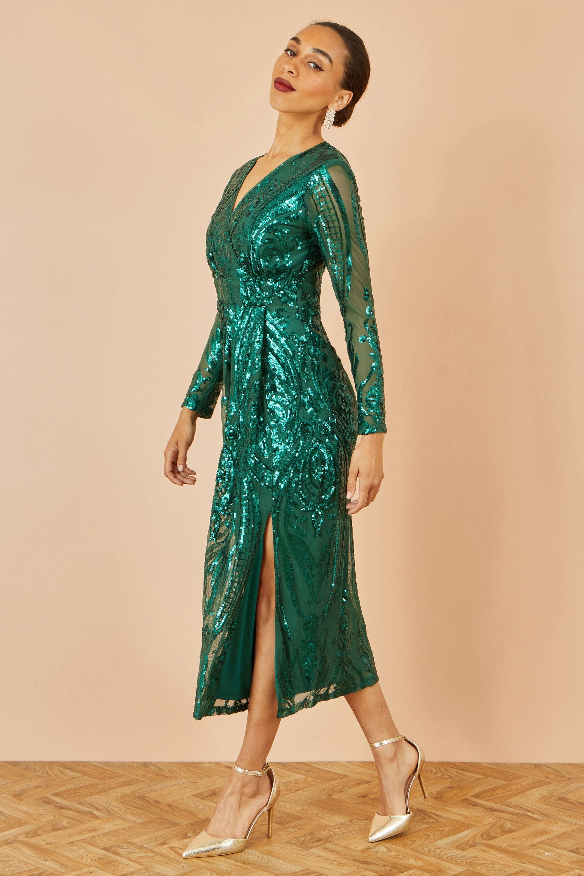 Green Sequin Midi Wrap Dress With Split Hemline - Sizes 8 to 16