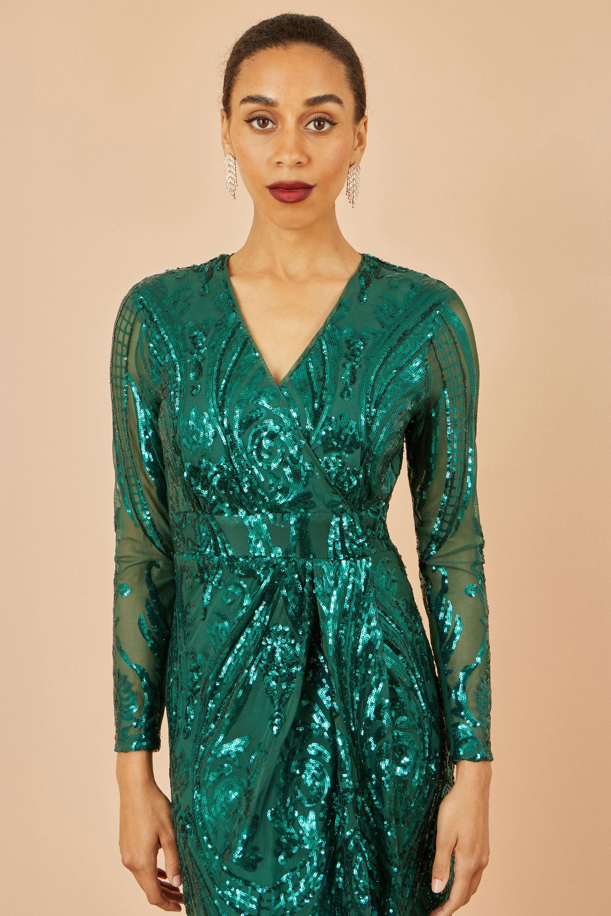 Green Sequin Midi Wrap Dress With Split Hemline - Sizes 8 to 16