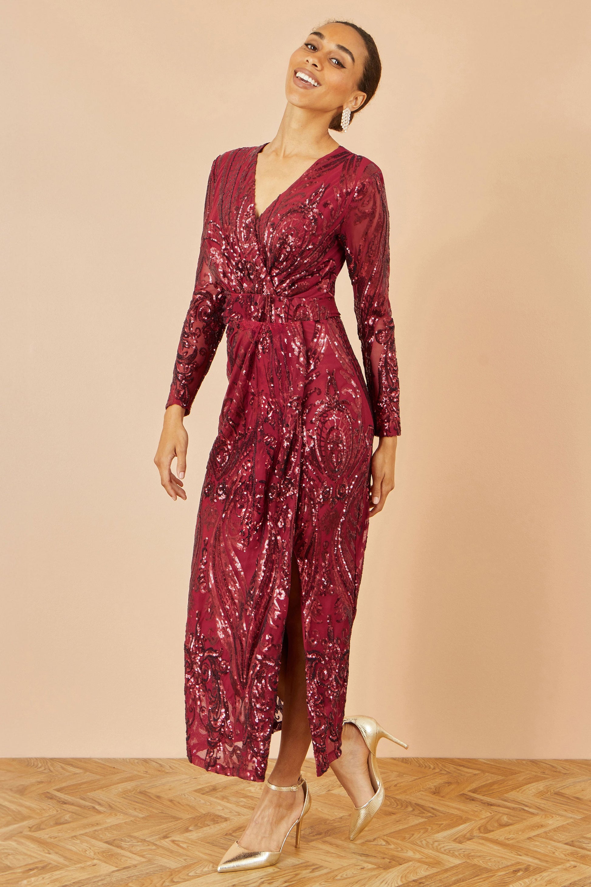 Red Sequin Midi Wrap Dress With Split - Sizes 8 to 16