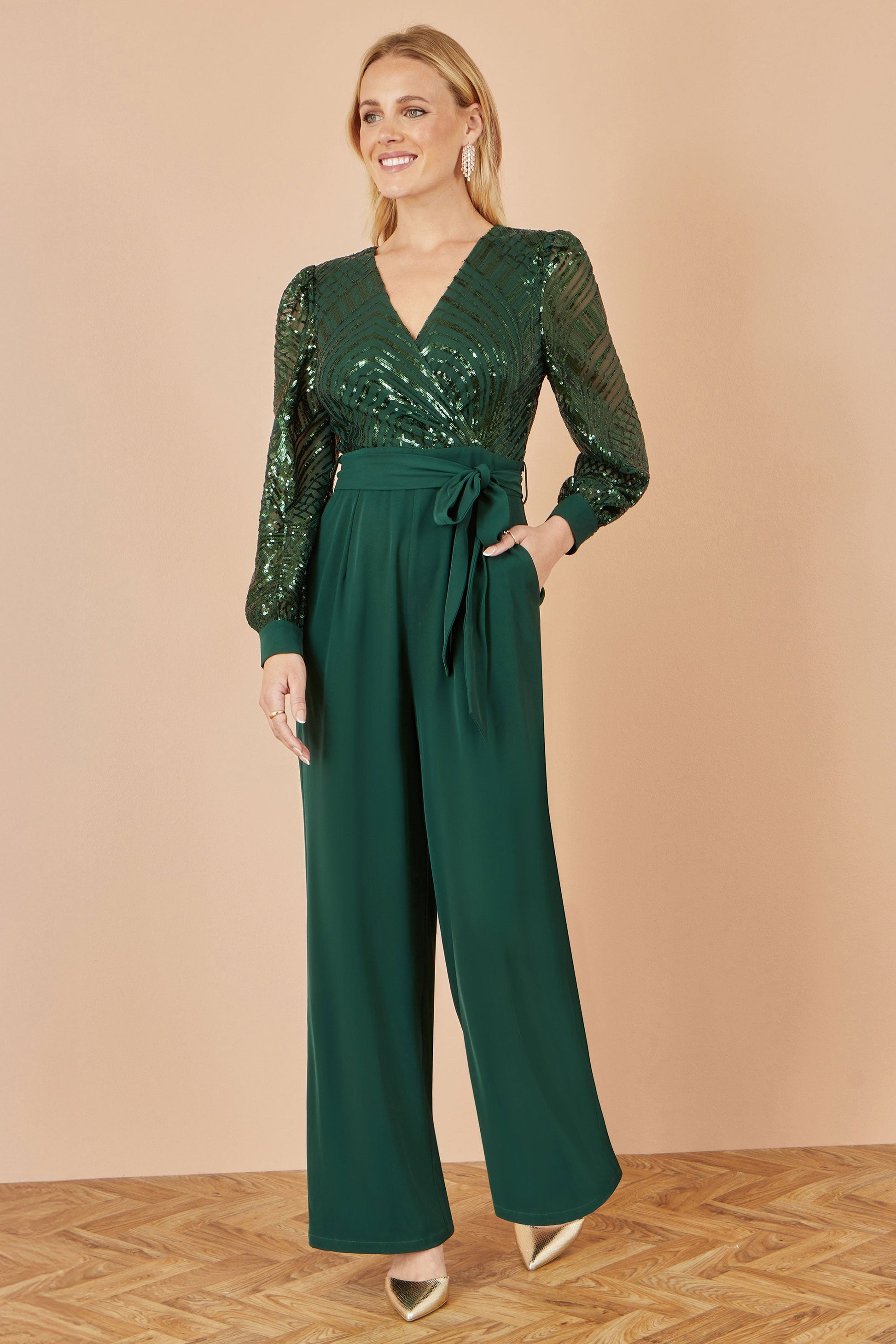 Green Sequin Wrap Over Jumpsuit - Sizes 8 to 16