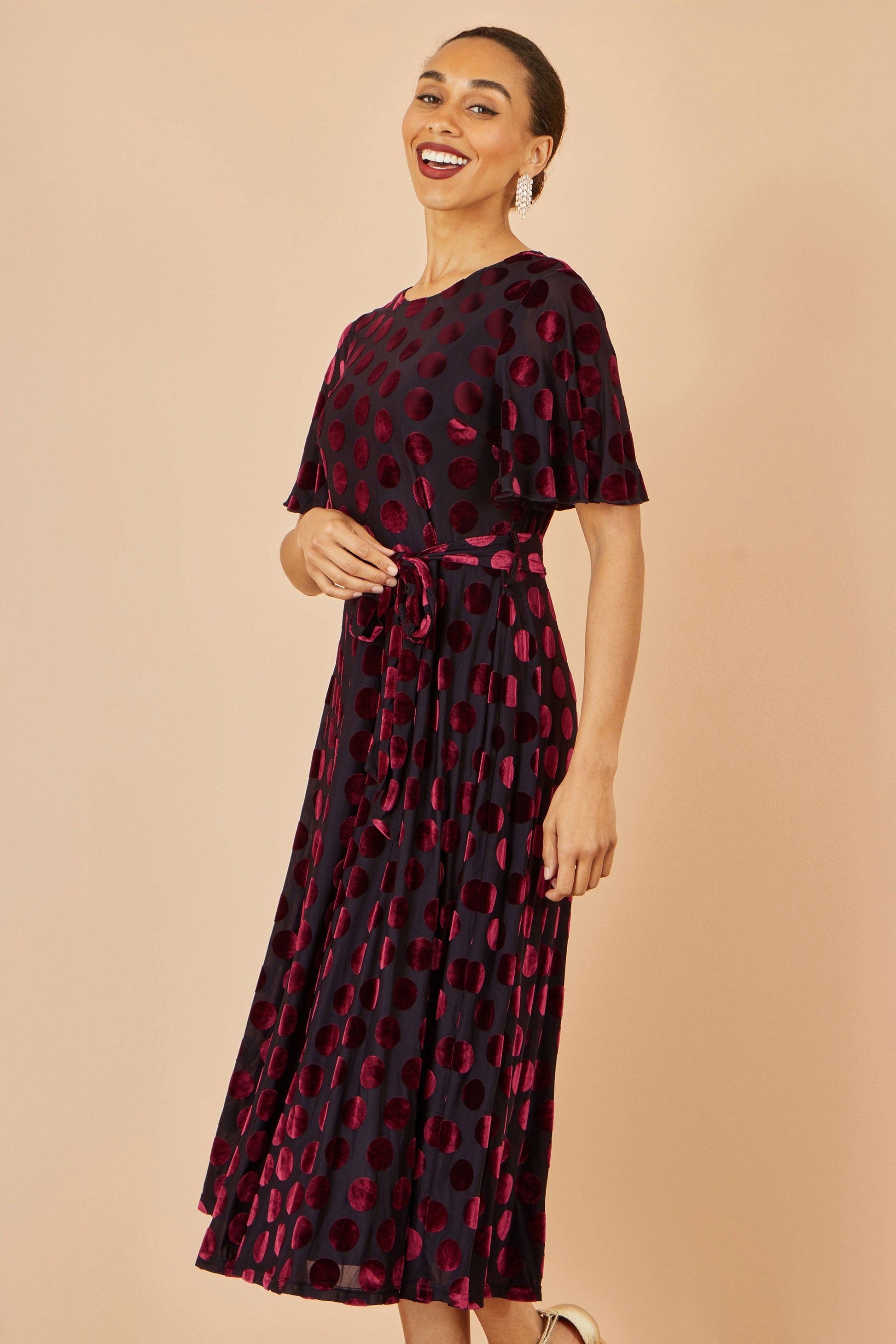 Burgundy Velour Spot Midi Dress - Size 8 to 16