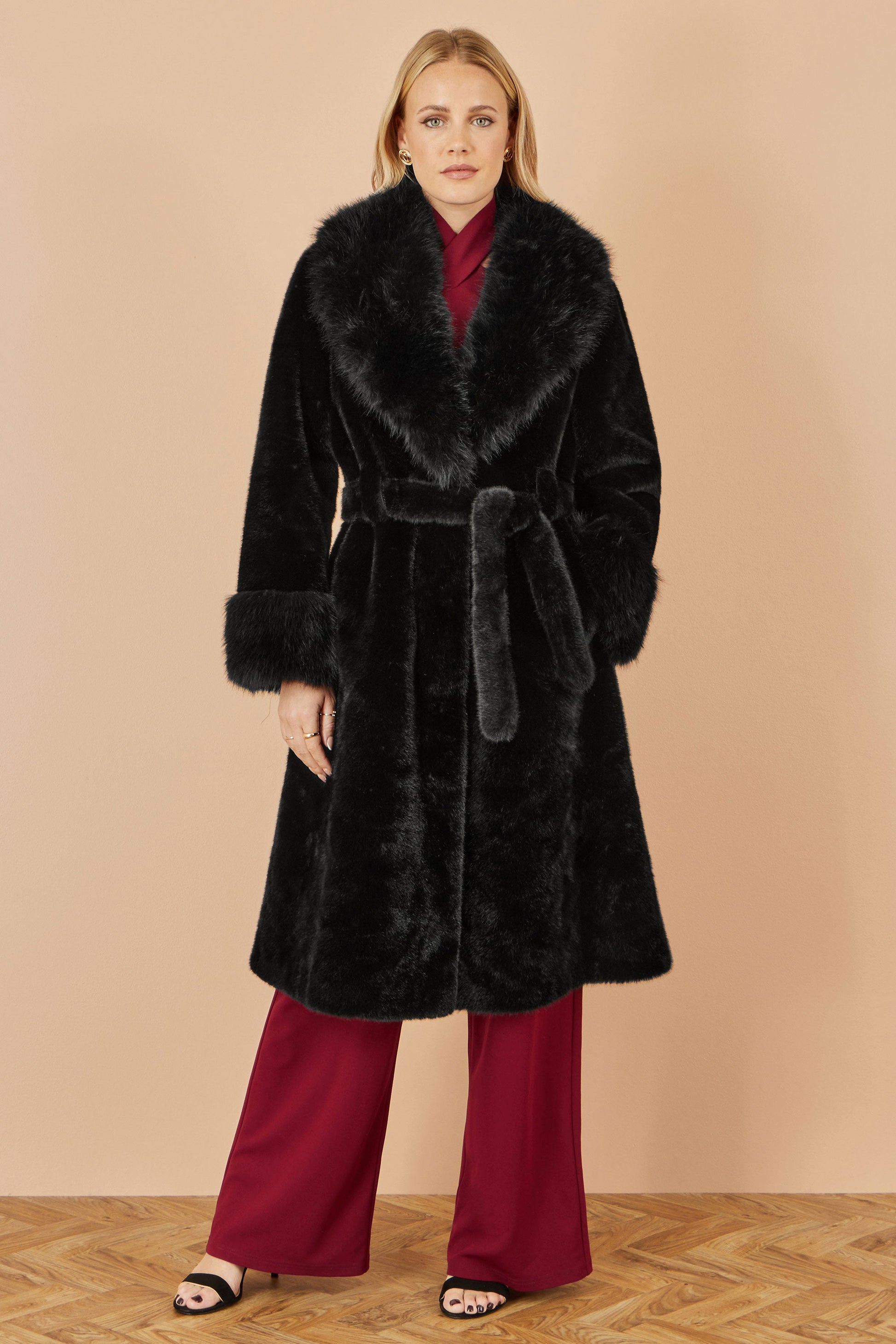 Black Wrap Faux Fur Coat With Oversize Collar