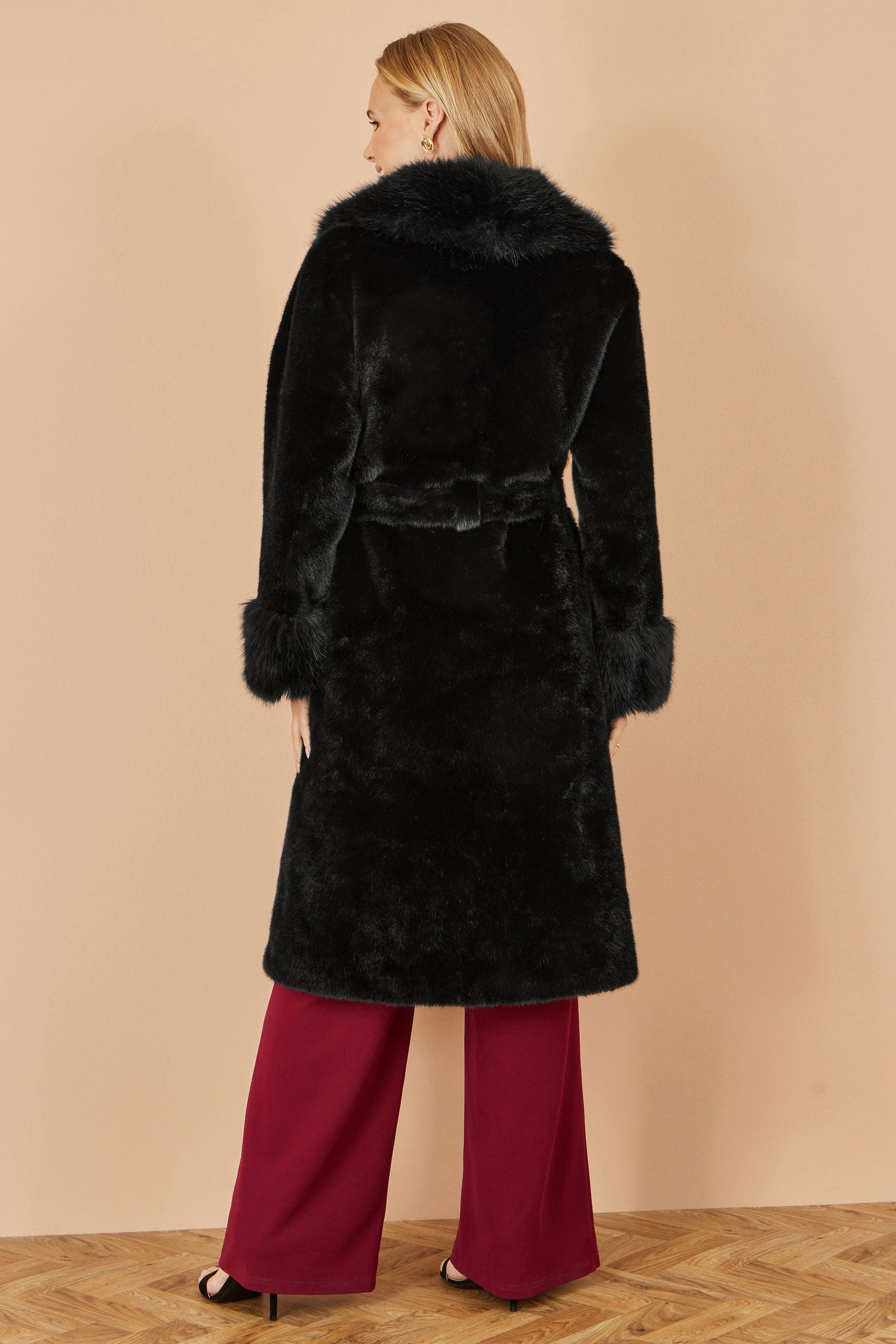Black Wrap Faux Fur Coat With Oversize Collar