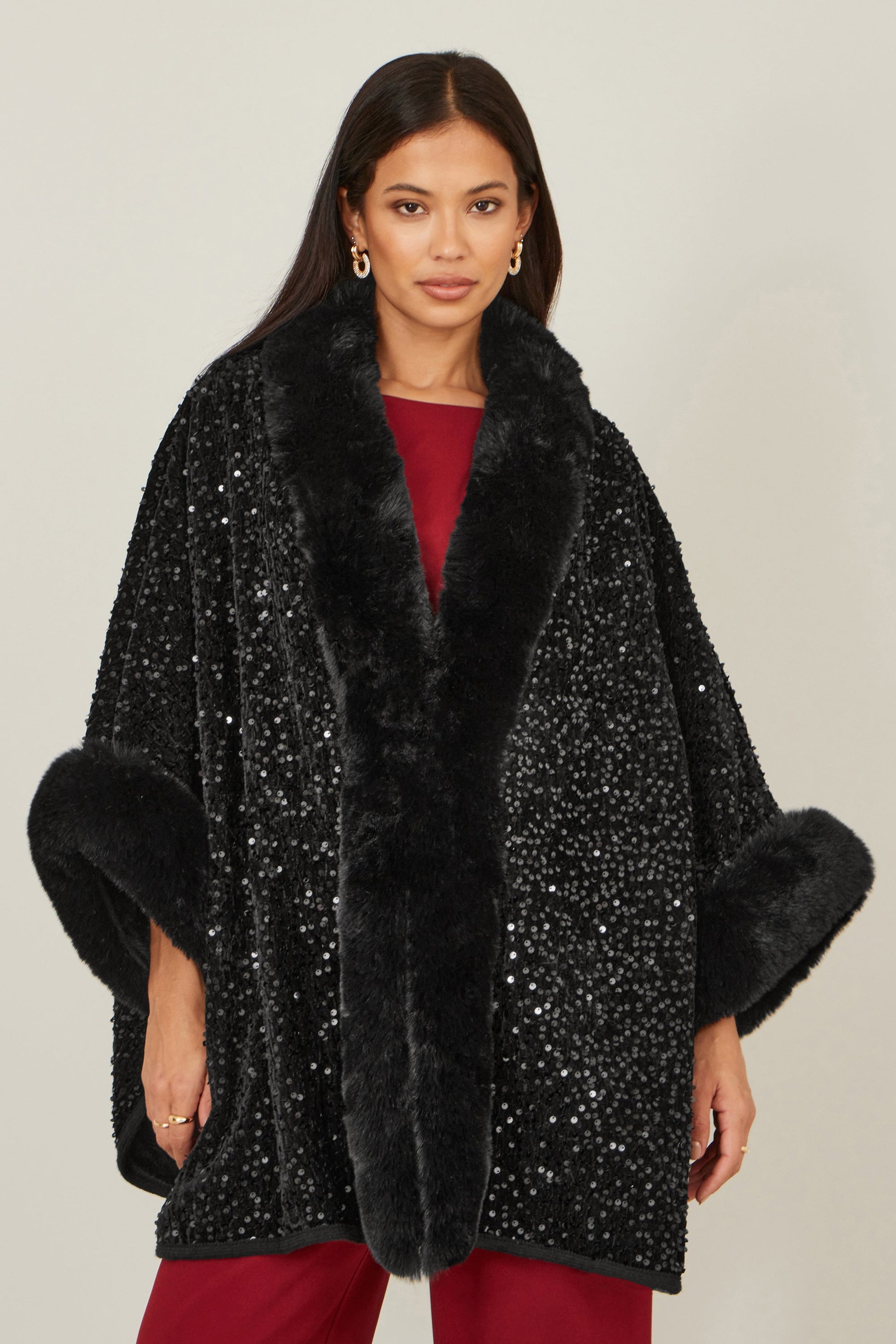 Black Sequin Cape with Faux Fur Trim and Lining