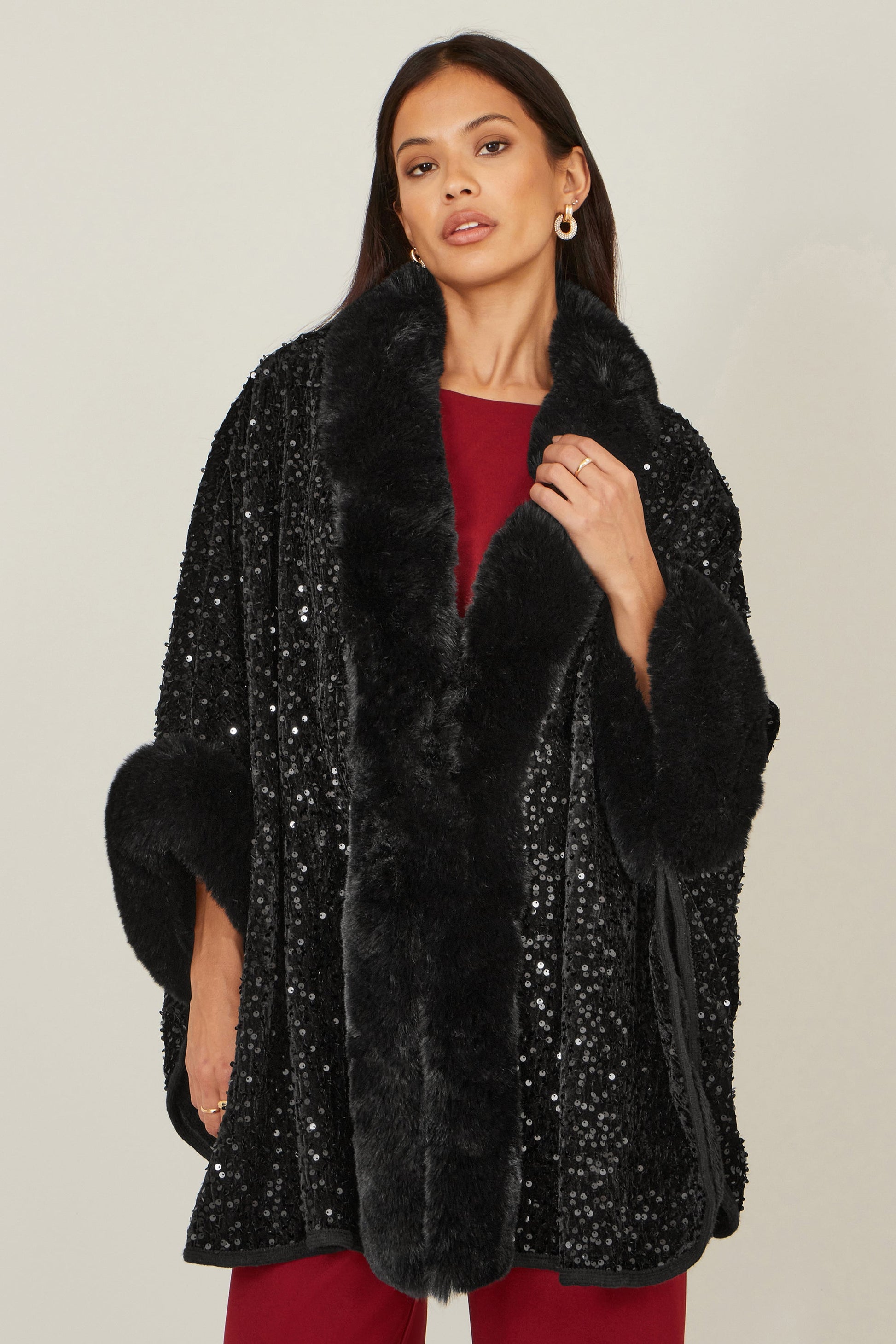 Black Sequin Cape with Faux Fur Trim and Lining