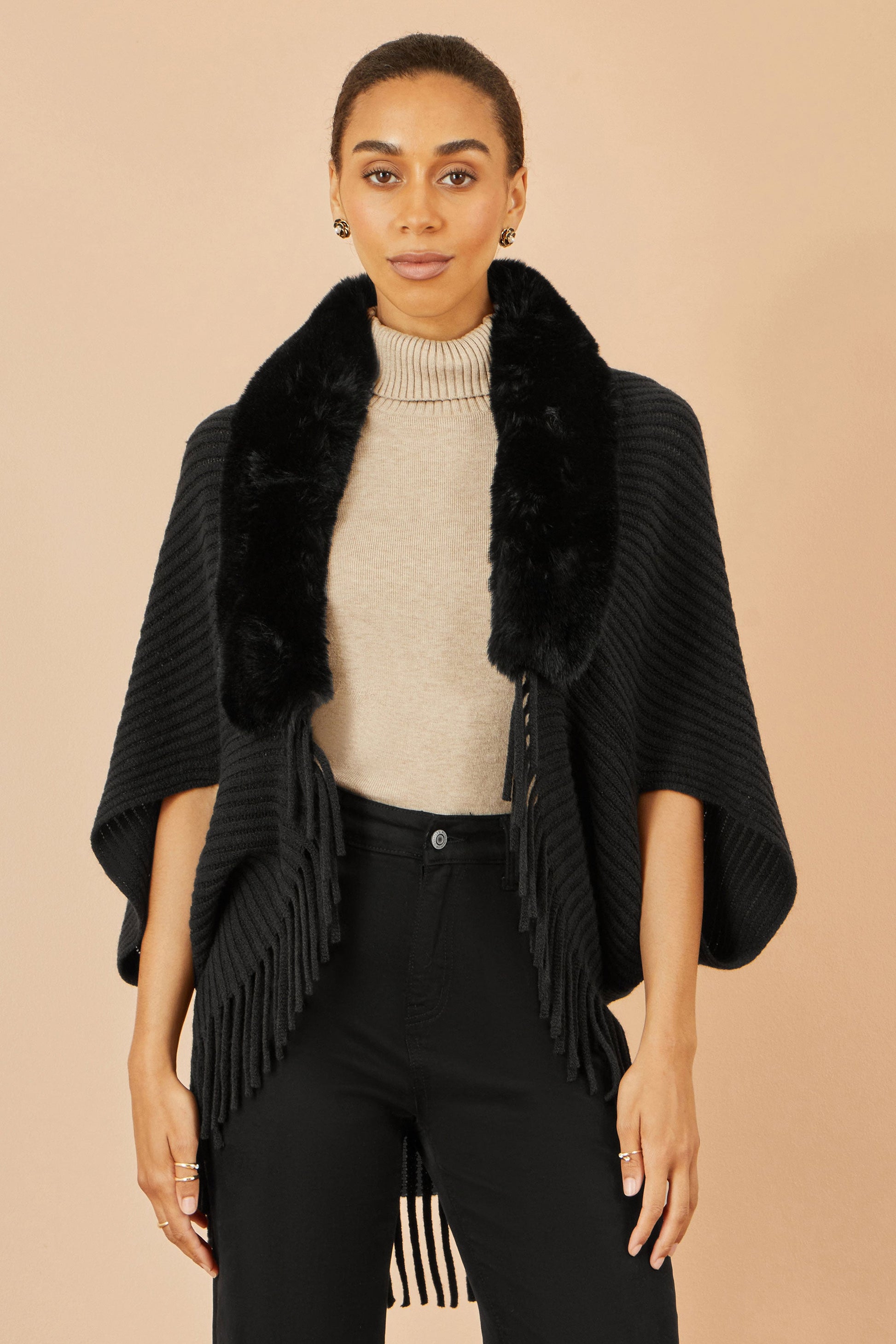 Black Fur Collar Shrug With Tassel Hem