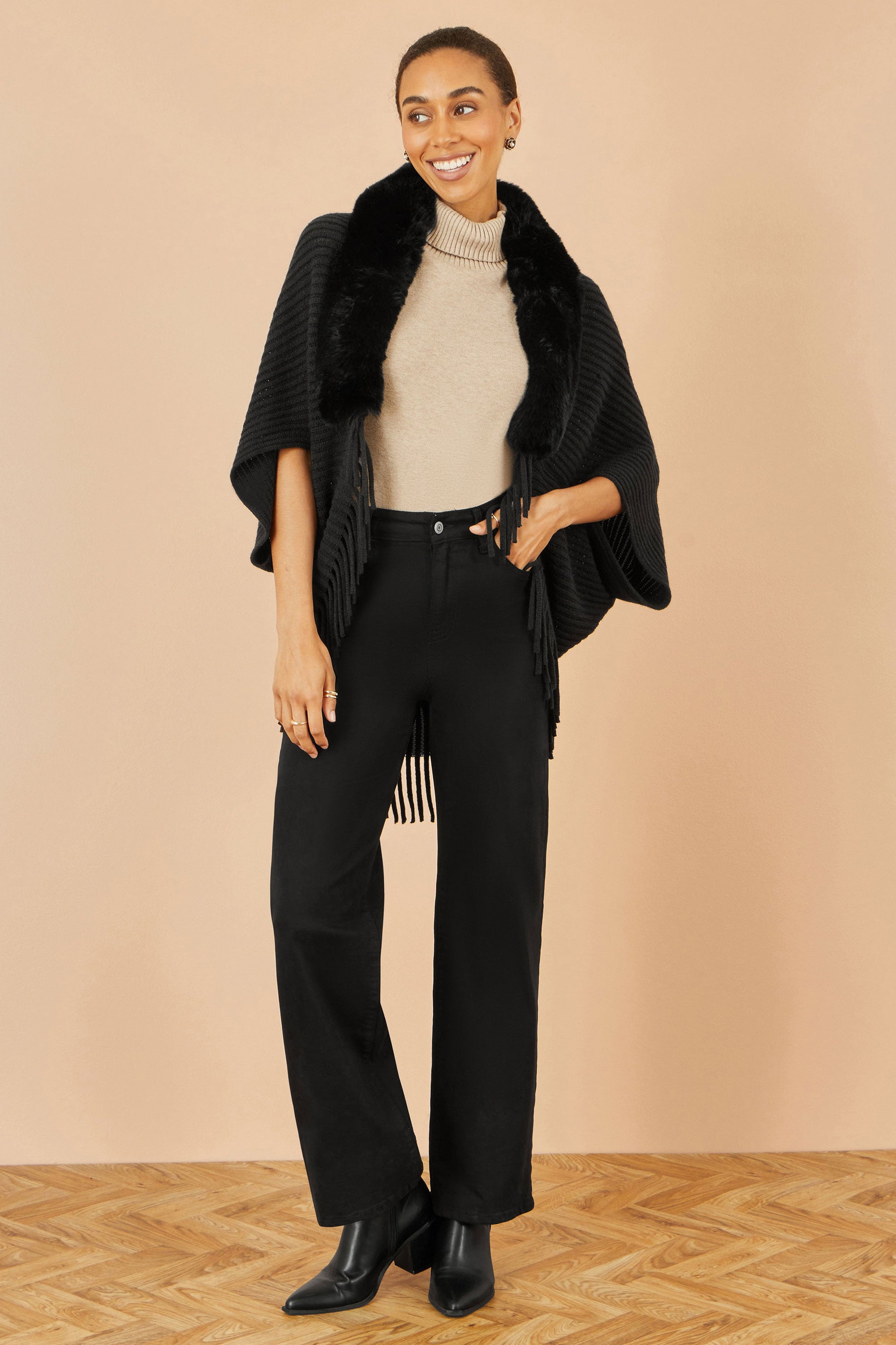 Black Fur Collar Shrug With Tassel Hem