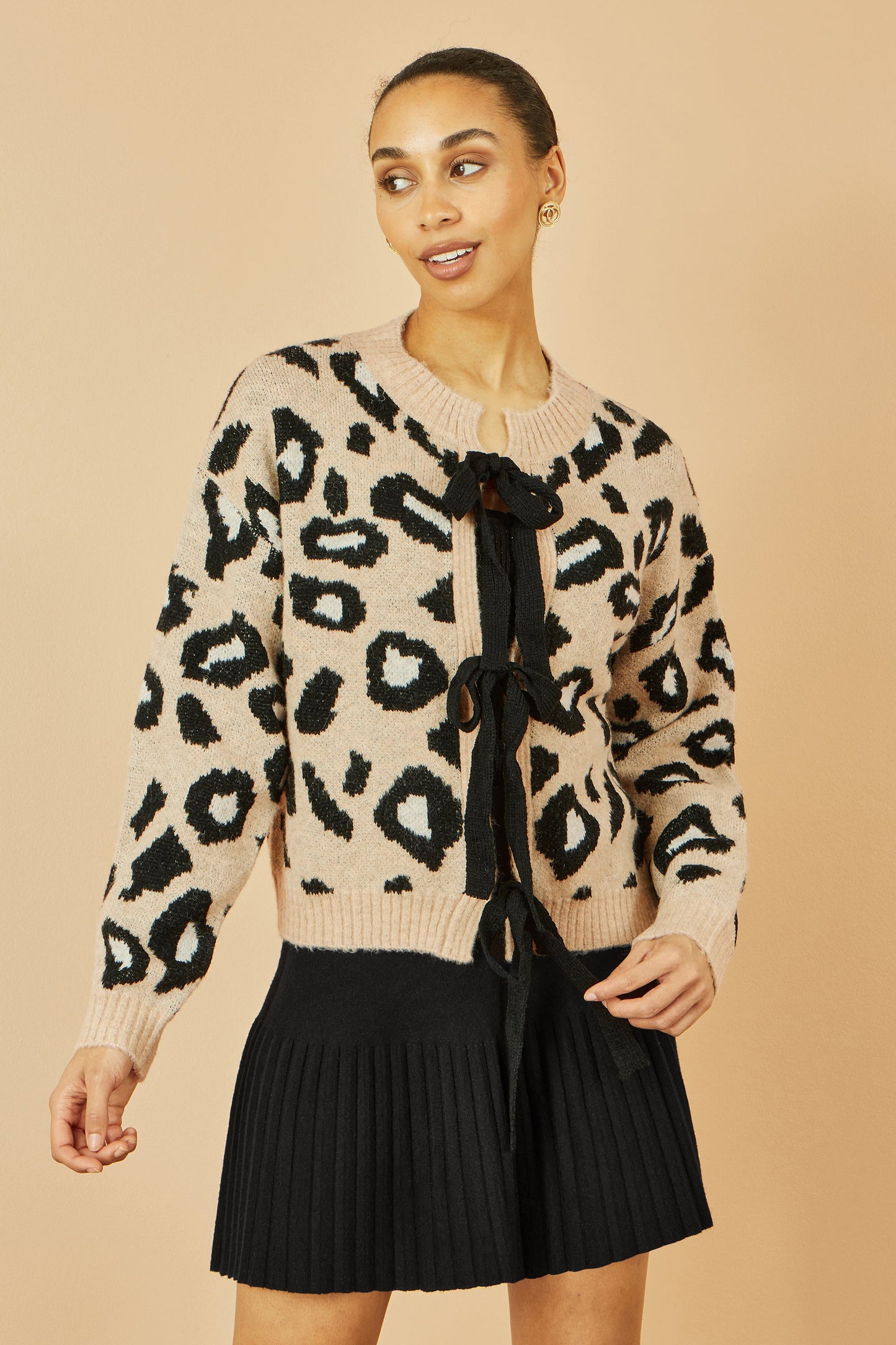 Beige Animal Print Tie Front Cardigan