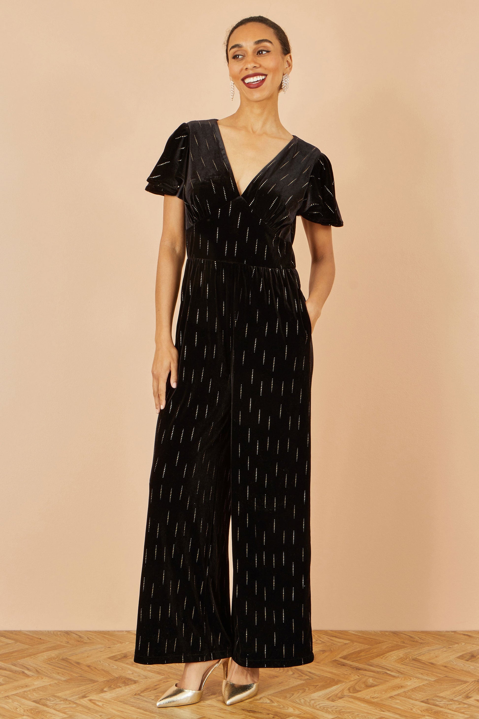 Black Foil Print Velvet Jumpsuit - Sizes 8 to 16