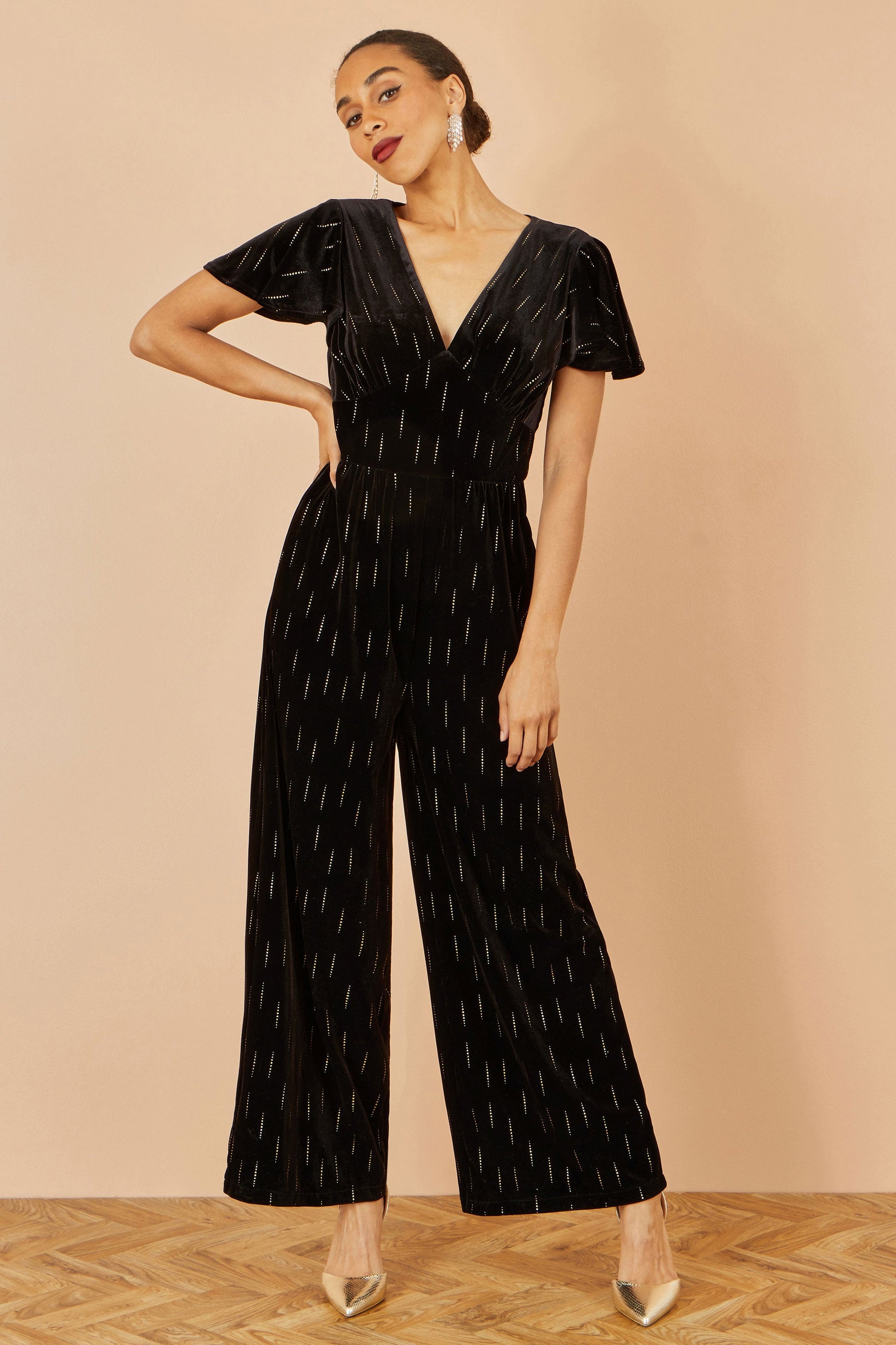 Black Foil Print Velvet Jumpsuit - Sizes 8 to 16
