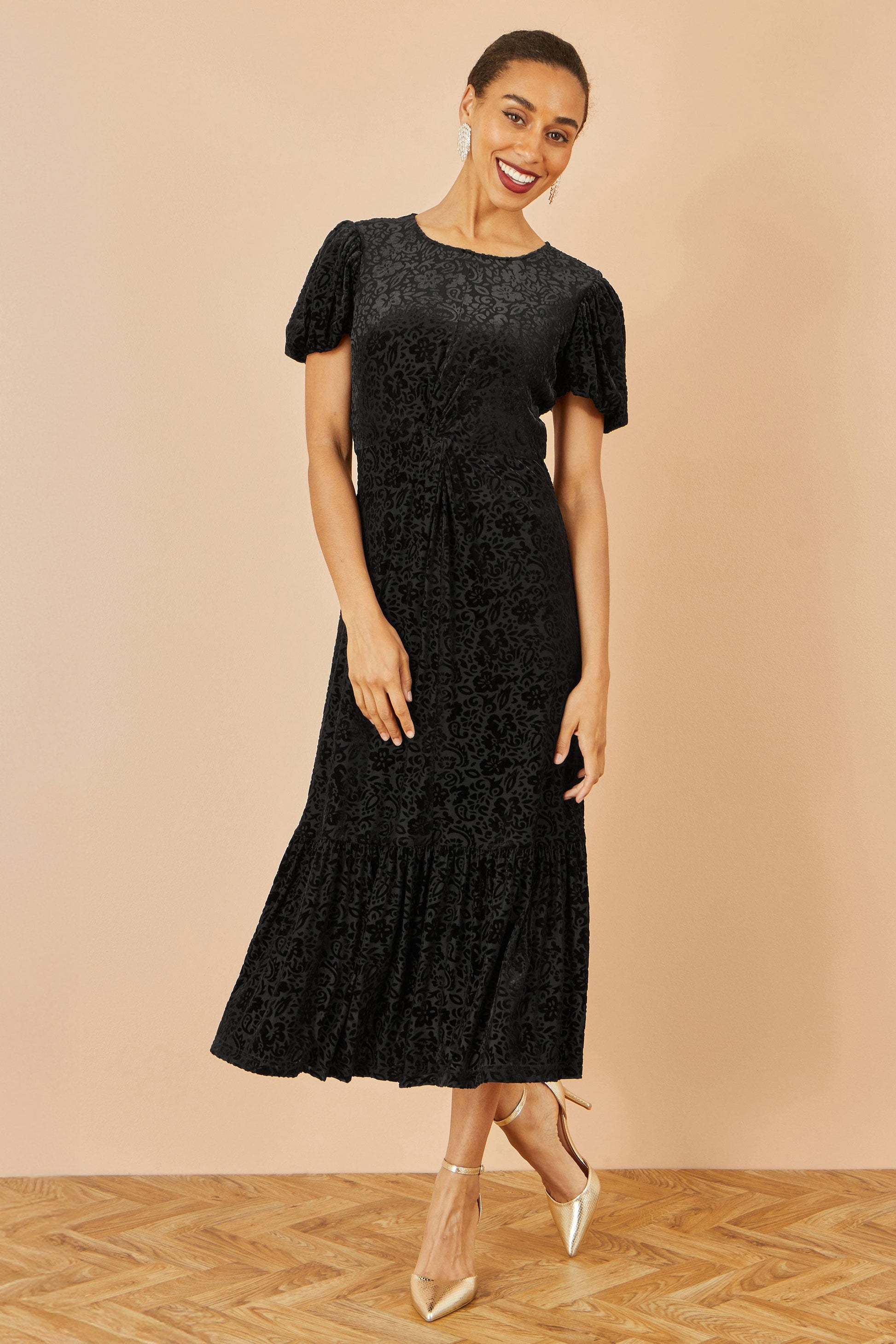 Black Floral Velour Velvet Twist Waist Midi Dress - Sizes 8 to 16