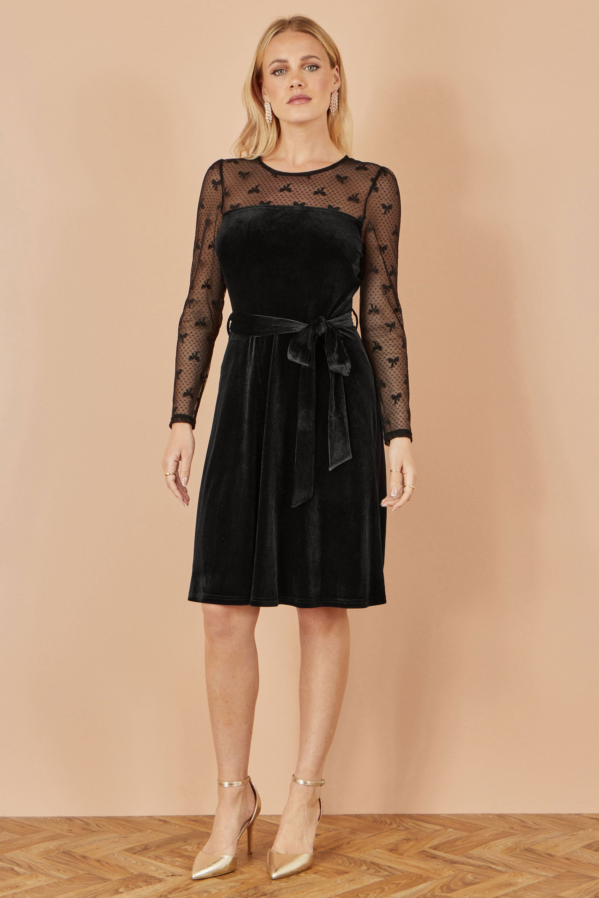 Black Velvet Skater Dress With Mesh Bow Sleeves - Sizes 8 to 16