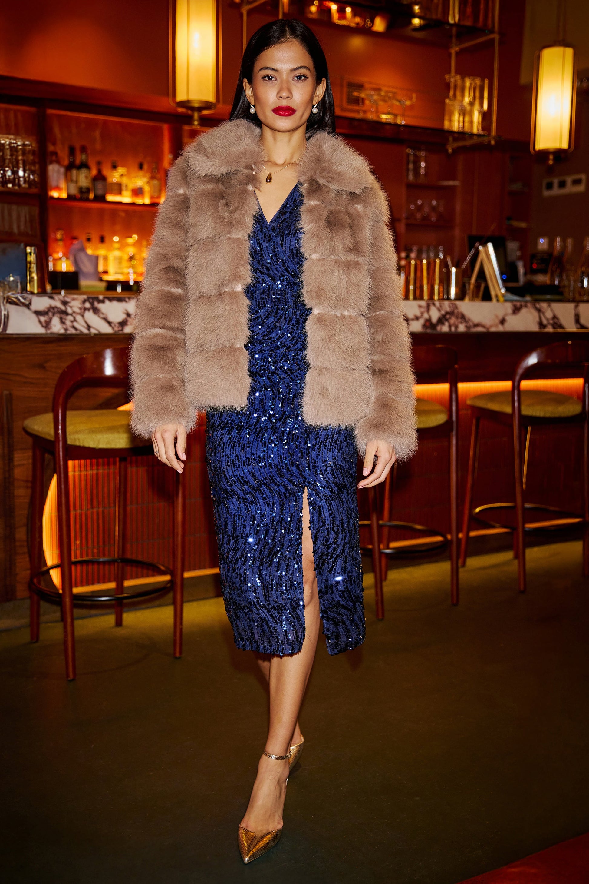 Navy Sequin Fitted Wrap Dress With Split Hem - Sizes 8 to 16