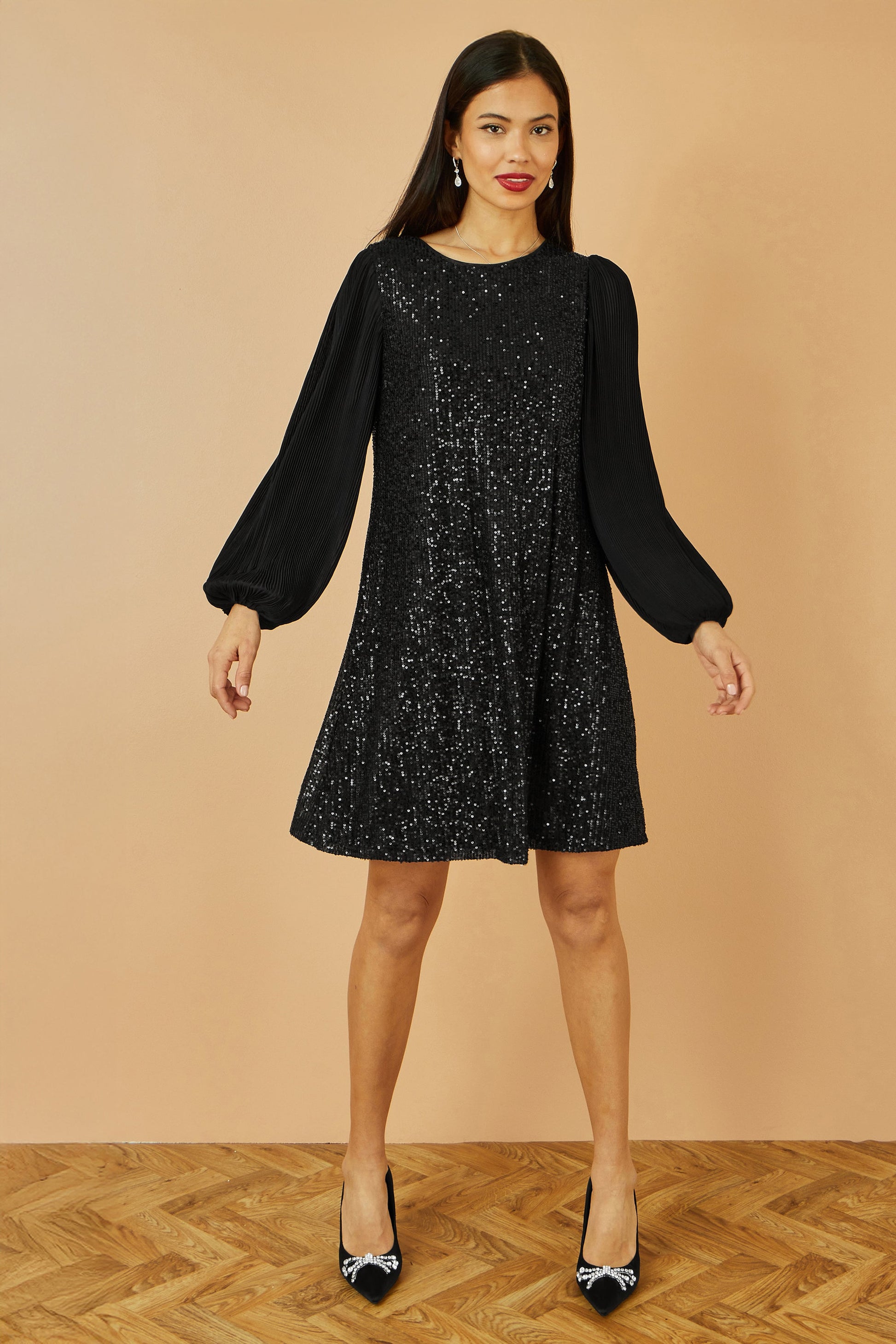 Black Sequin Tunic Dress With Long Pleated Sleeves - Sizes 8 to 26