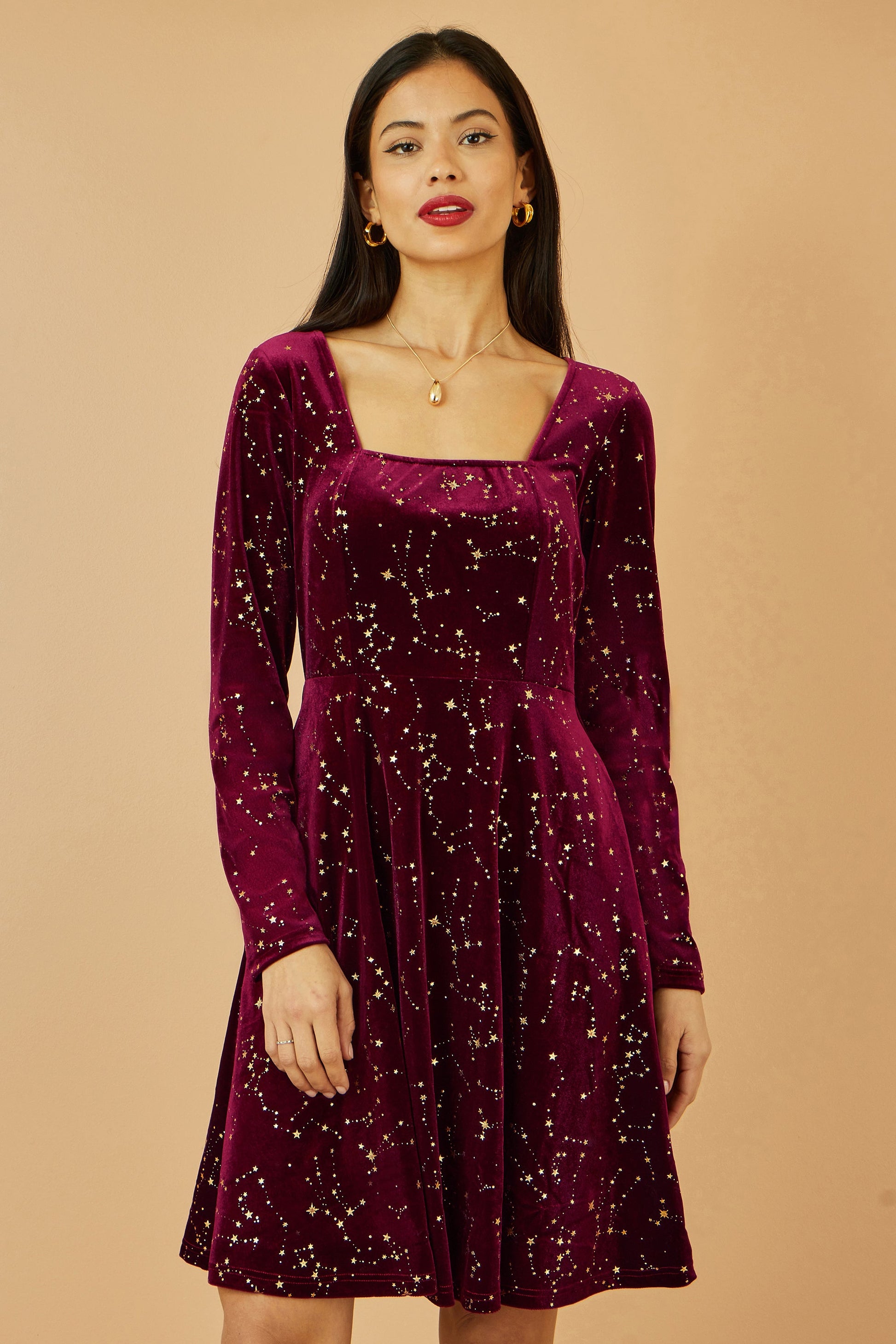 Burgundy Star Foil Print Long Sleeve Skater Dress - Size 8 to 18