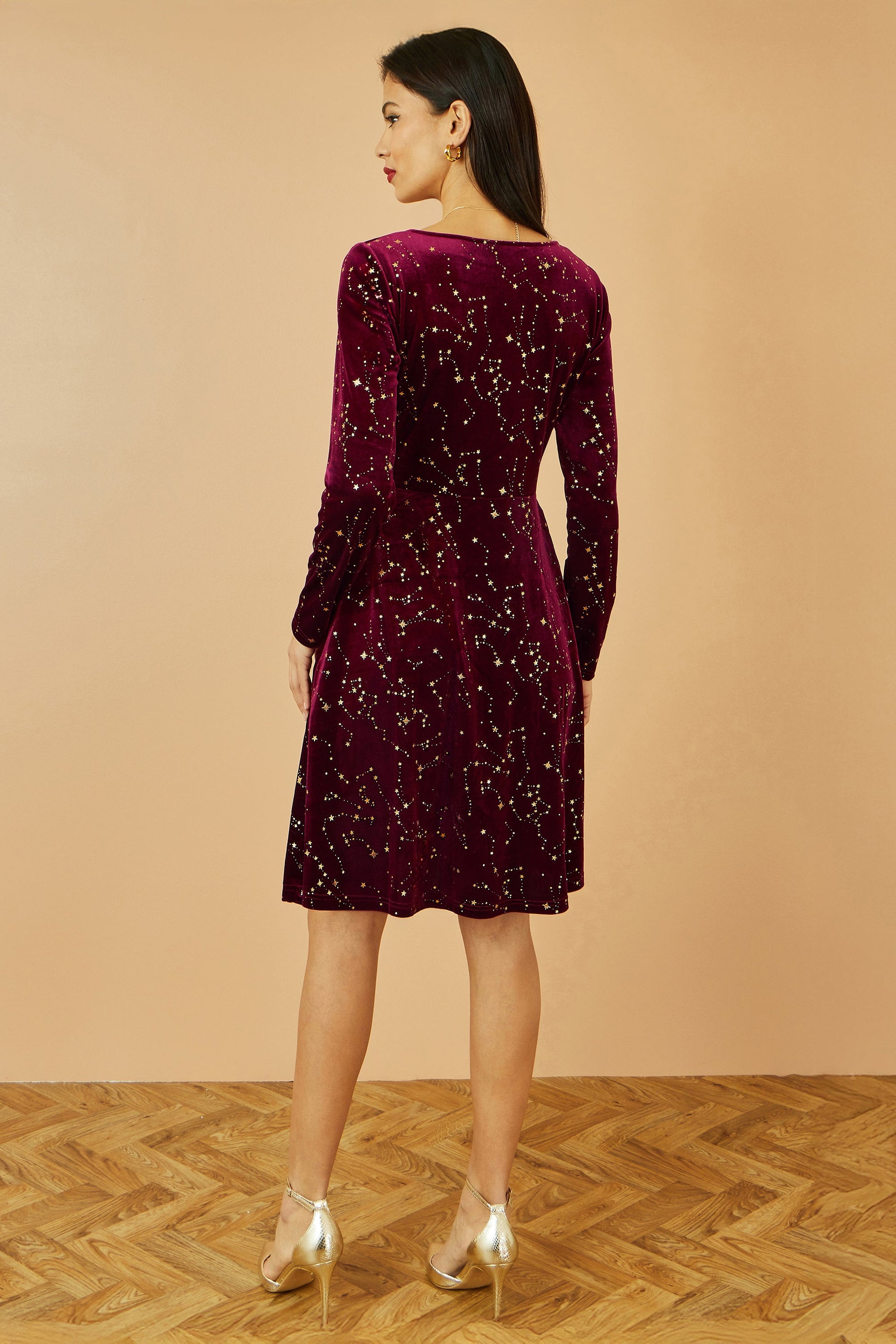 Burgundy Star Foil Print Long Sleeve Skater Dress - Size 8 to 18