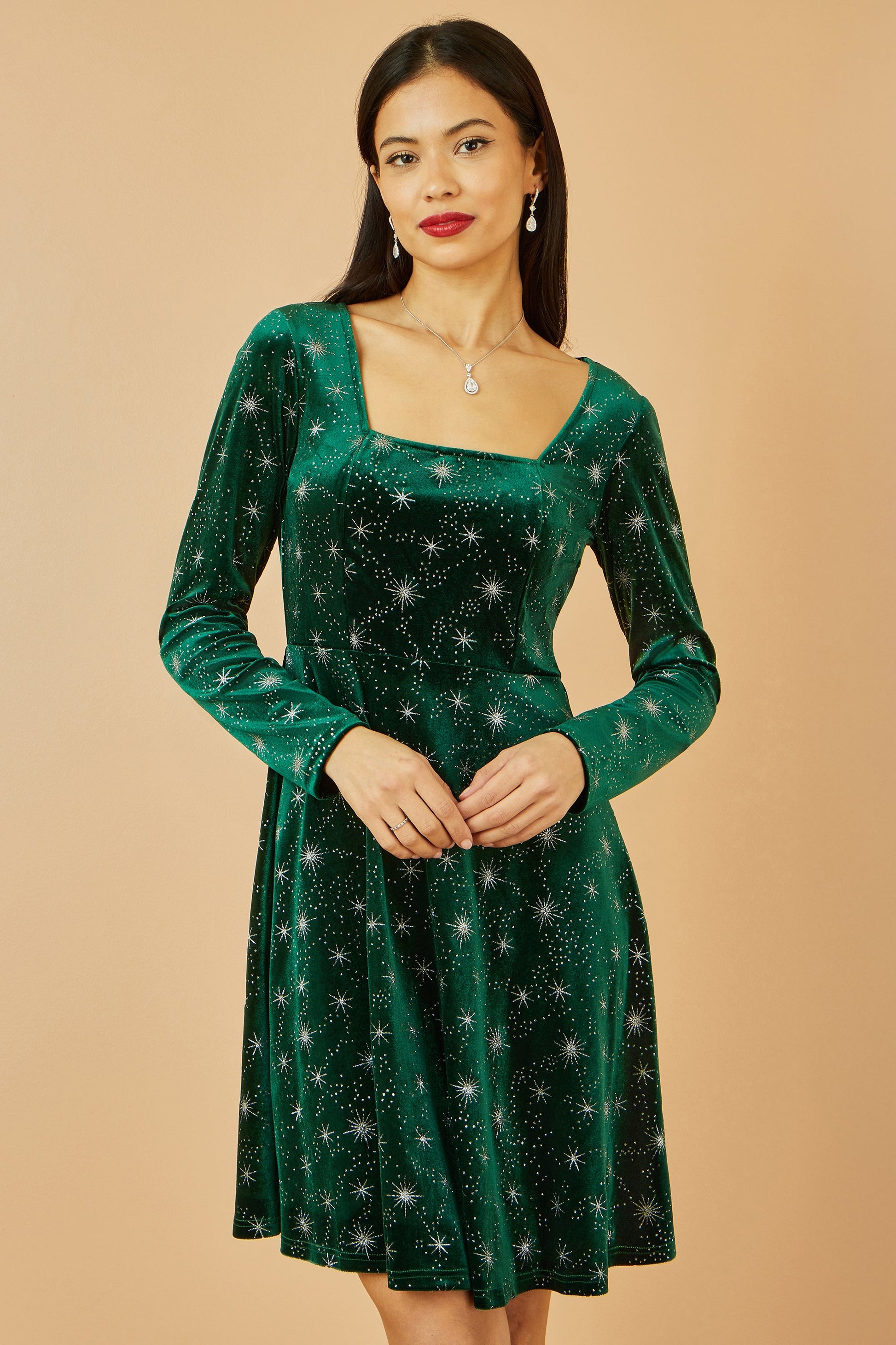 Green Starburst Foil Print Long Sleeve Dress - Sizes 8 to 18