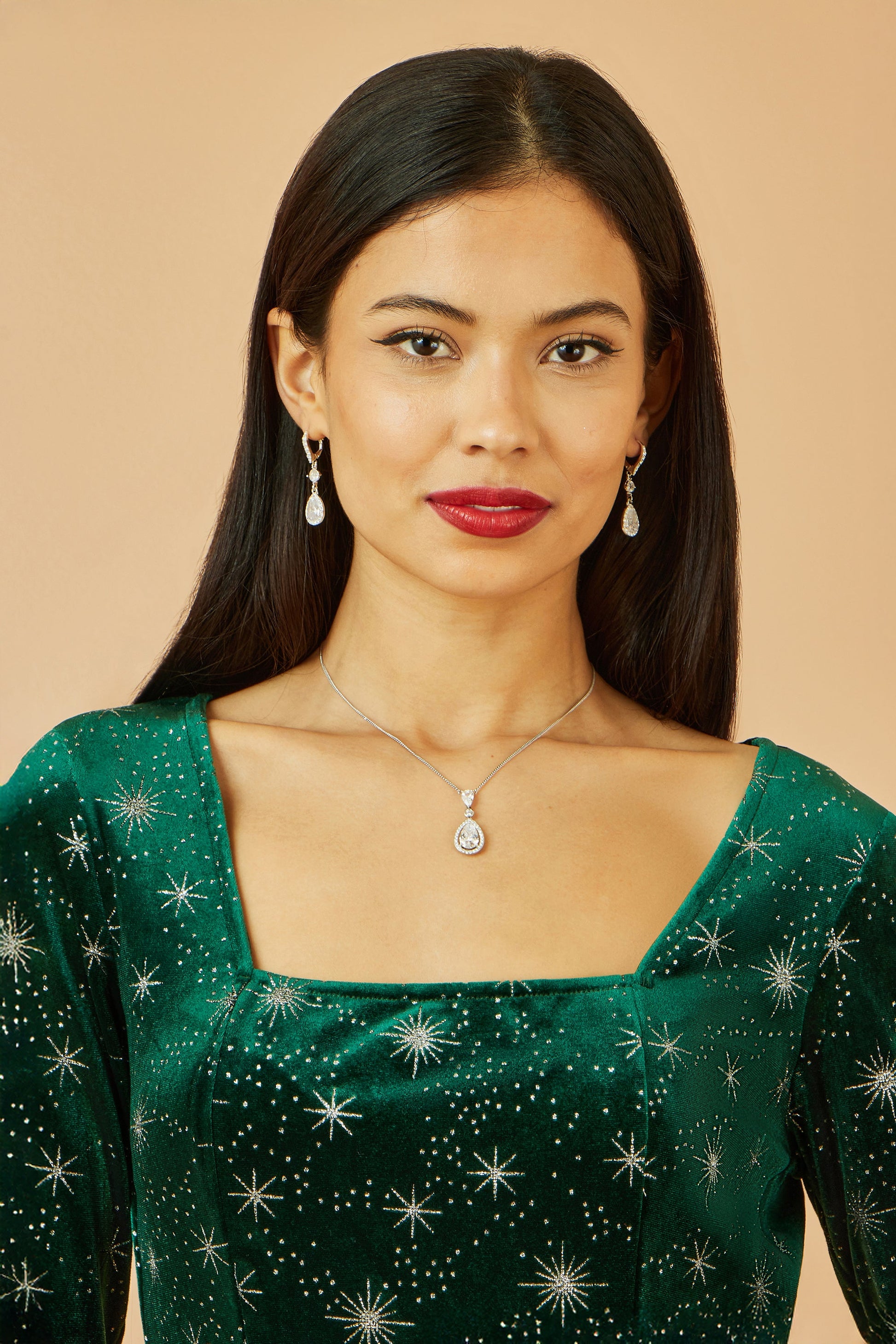 Green Starburst Foil Print Long Sleeve Dress - Sizes 8 to 18