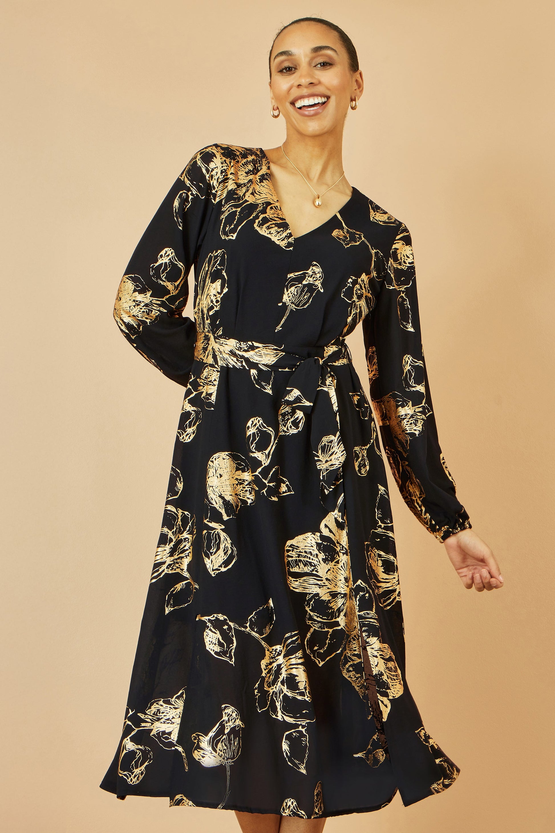 Black Foil Rose Print Midi Dress - Sizes 8 to 16