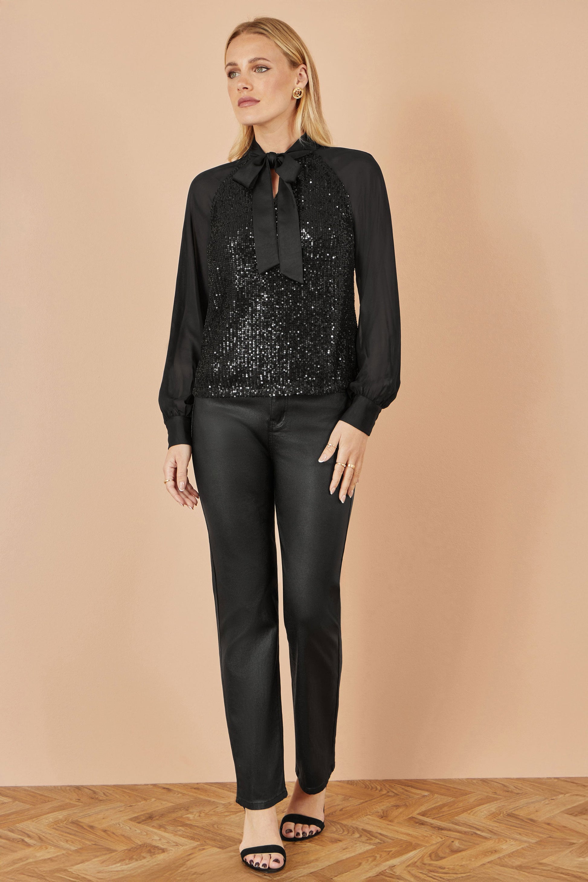 Black Sequin Pussy Bow Top - Sizes 8 to 16