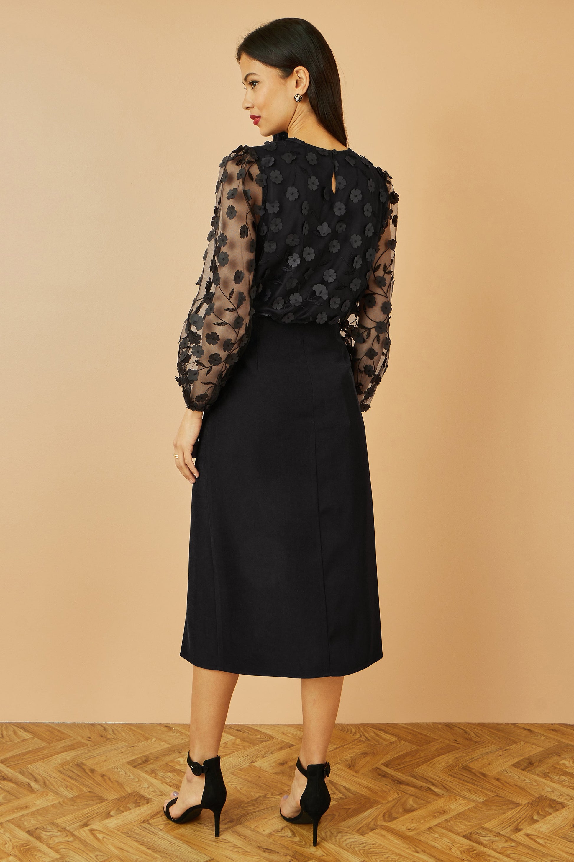 Black Sheer Sleeve Applique Flower Top - Sizes 8 to 16