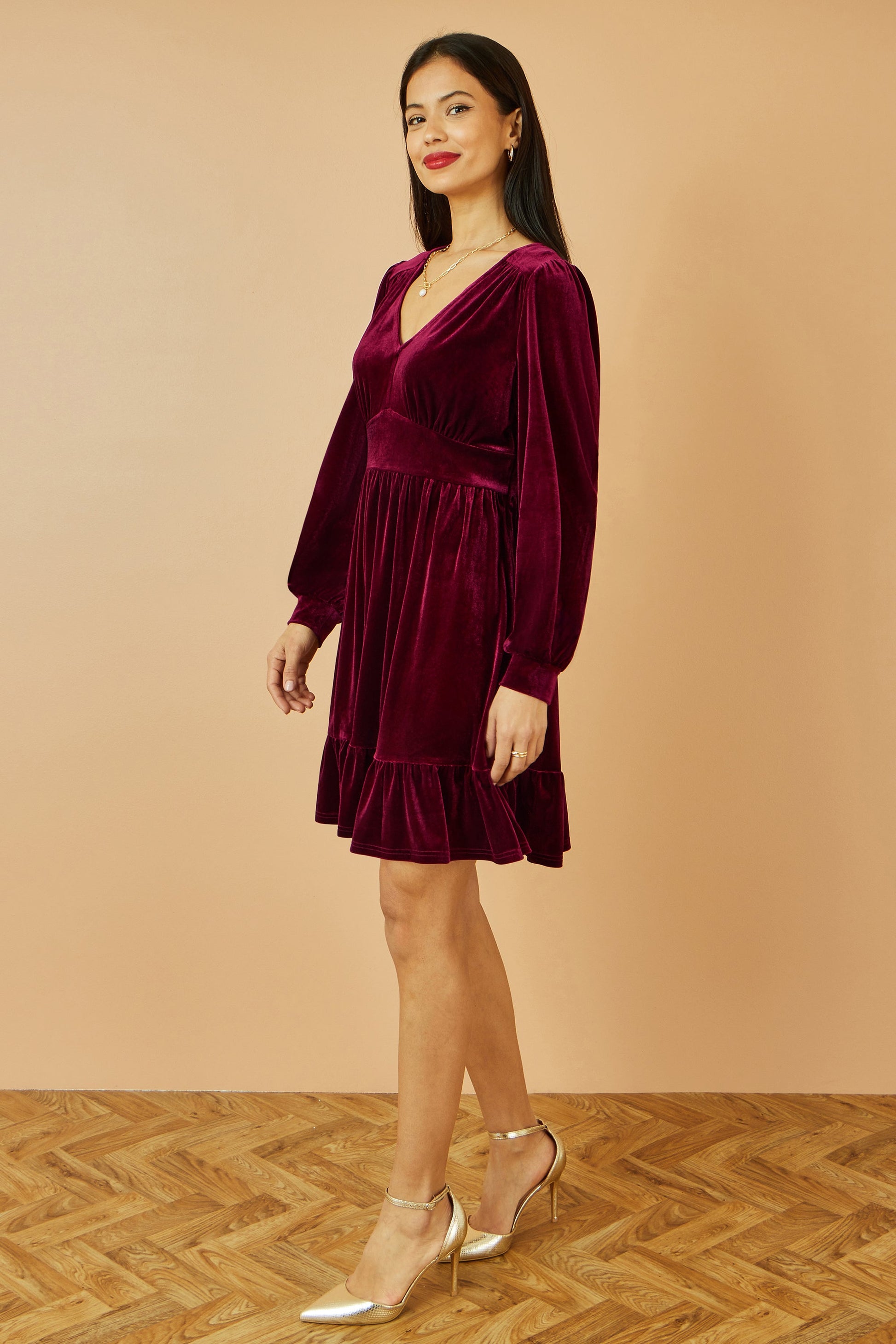 Burgundy Velvet Long Sleeve Skater Dress - Sizes 8 to 16