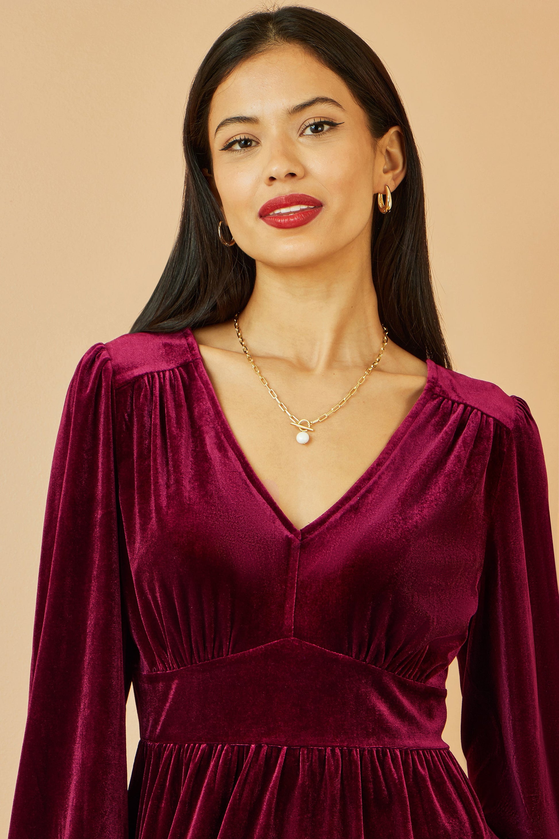 Burgundy Velvet Long Sleeve Skater Dress - Sizes 8 to 16