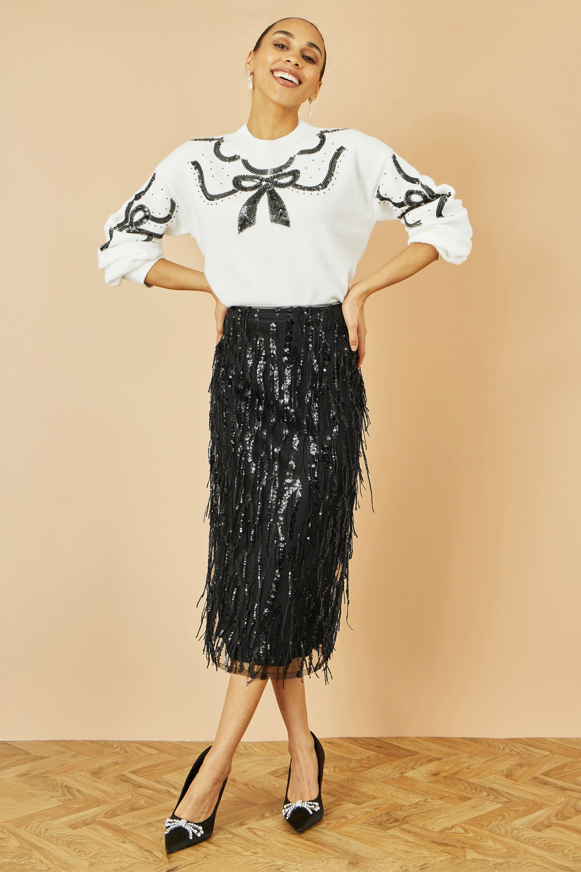 Black Hanging Sequin Fitted Midi Skirt - Sizes 8 to 16