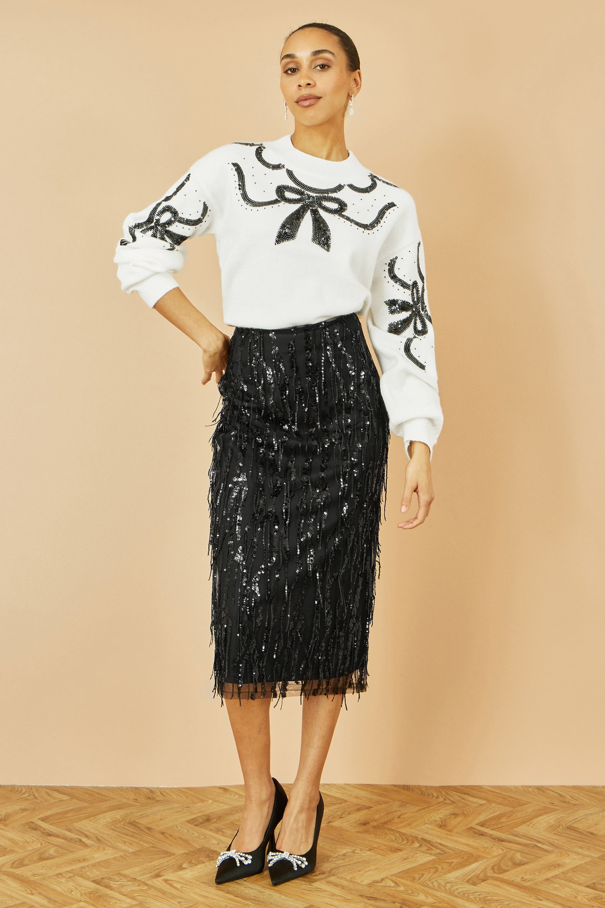 Black Hanging Sequin Fitted Midi Skirt - Sizes 8 to 16