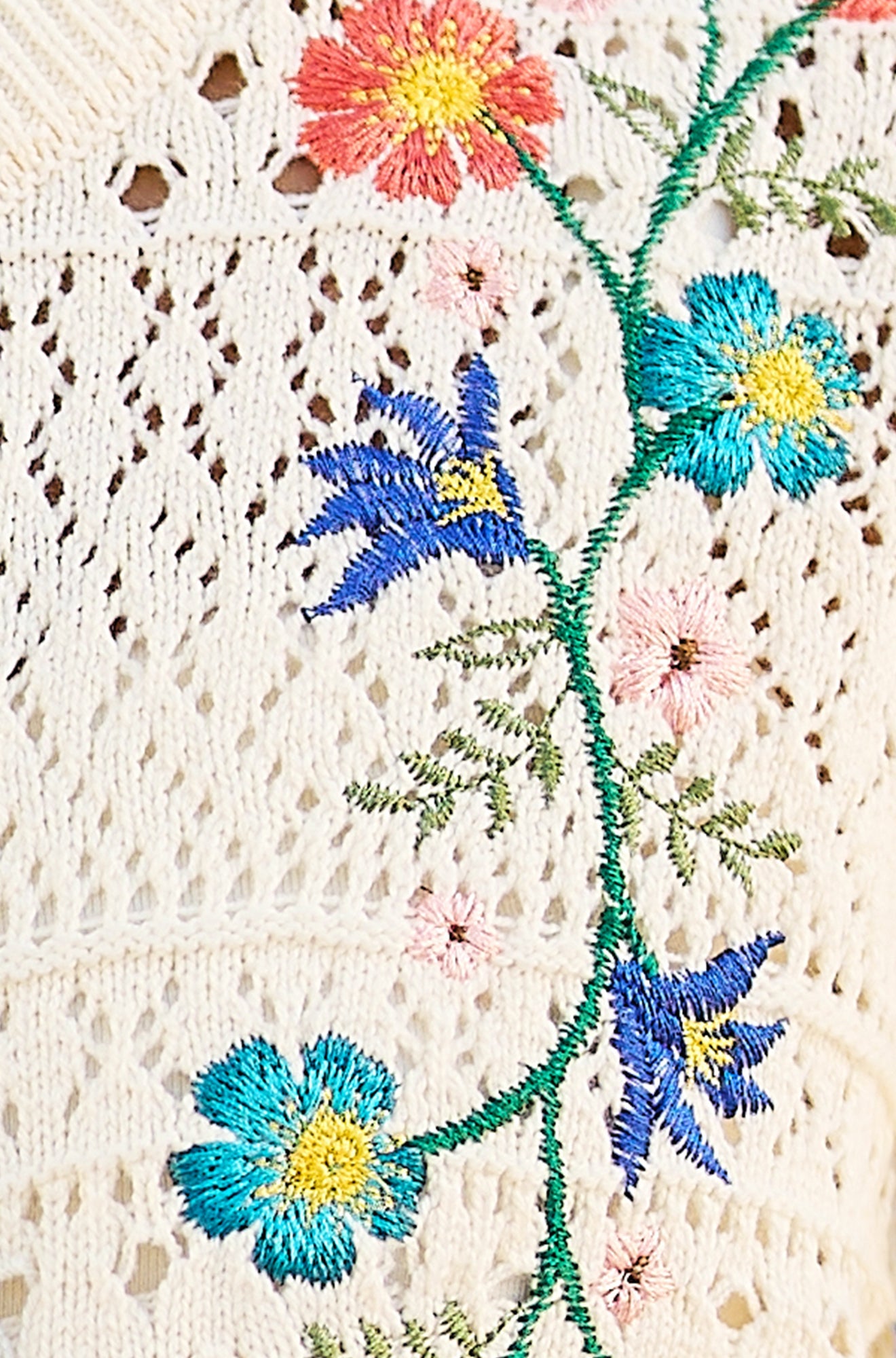 Ivory Crochet Knitted Tie Front Cardigan With Floral Embroidery