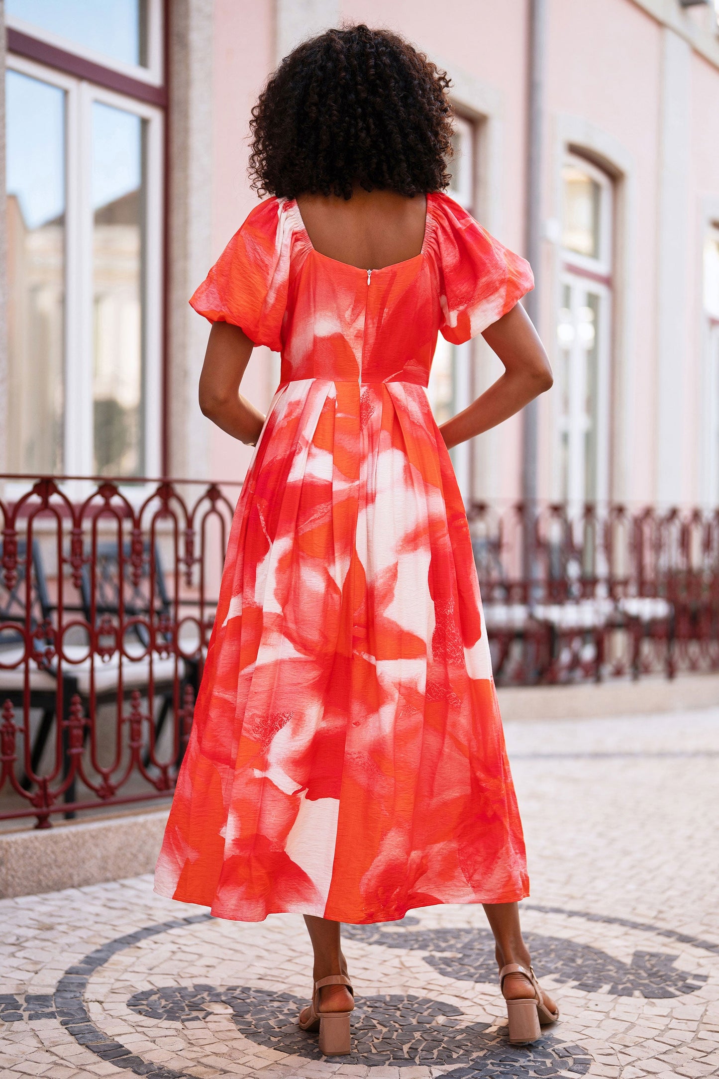 Red Viscose Floral Midi Dress With Puff Sleeves