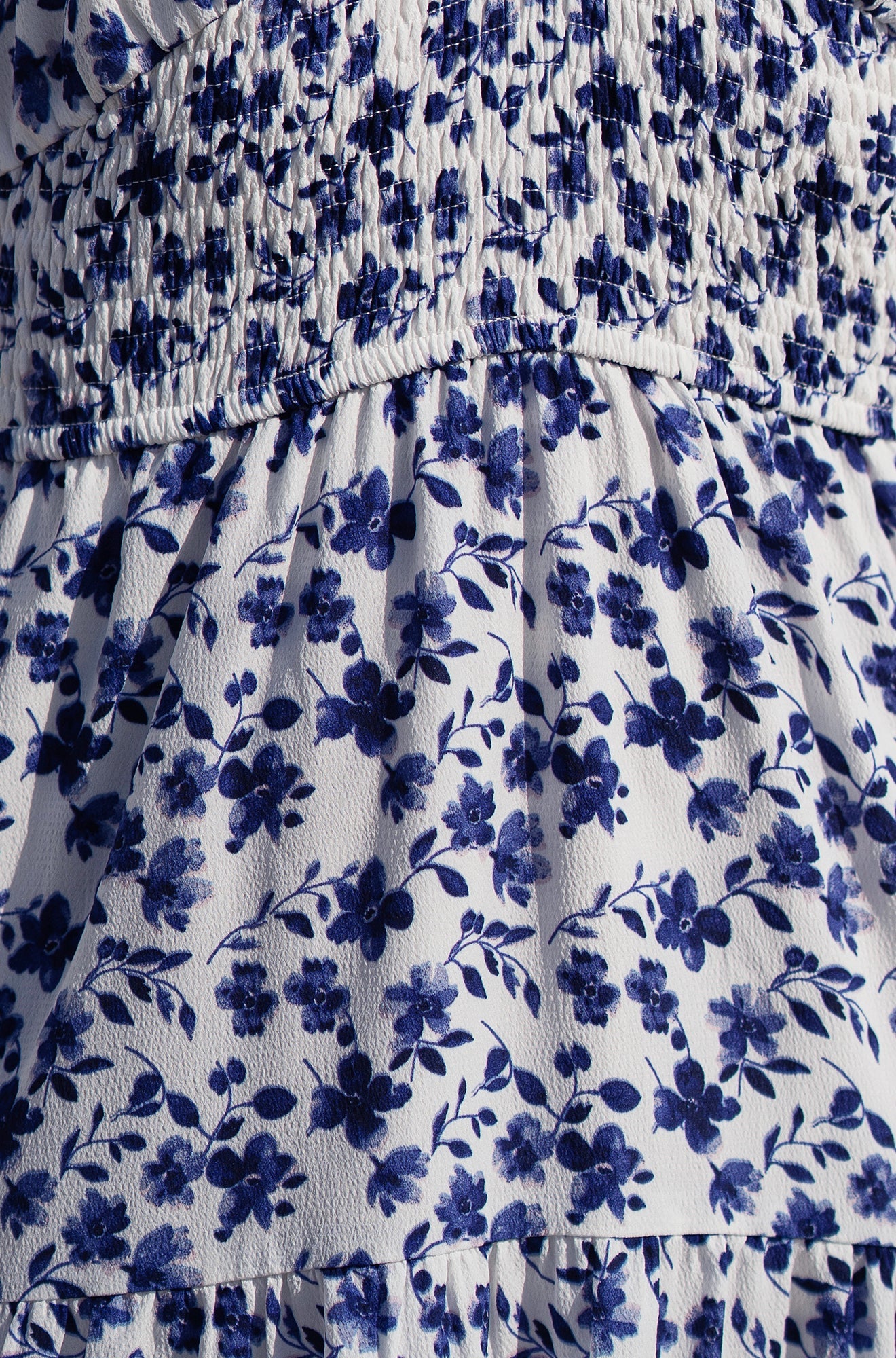 Blue Floral Ruched Waist Midi Dress With Angel Sleeves