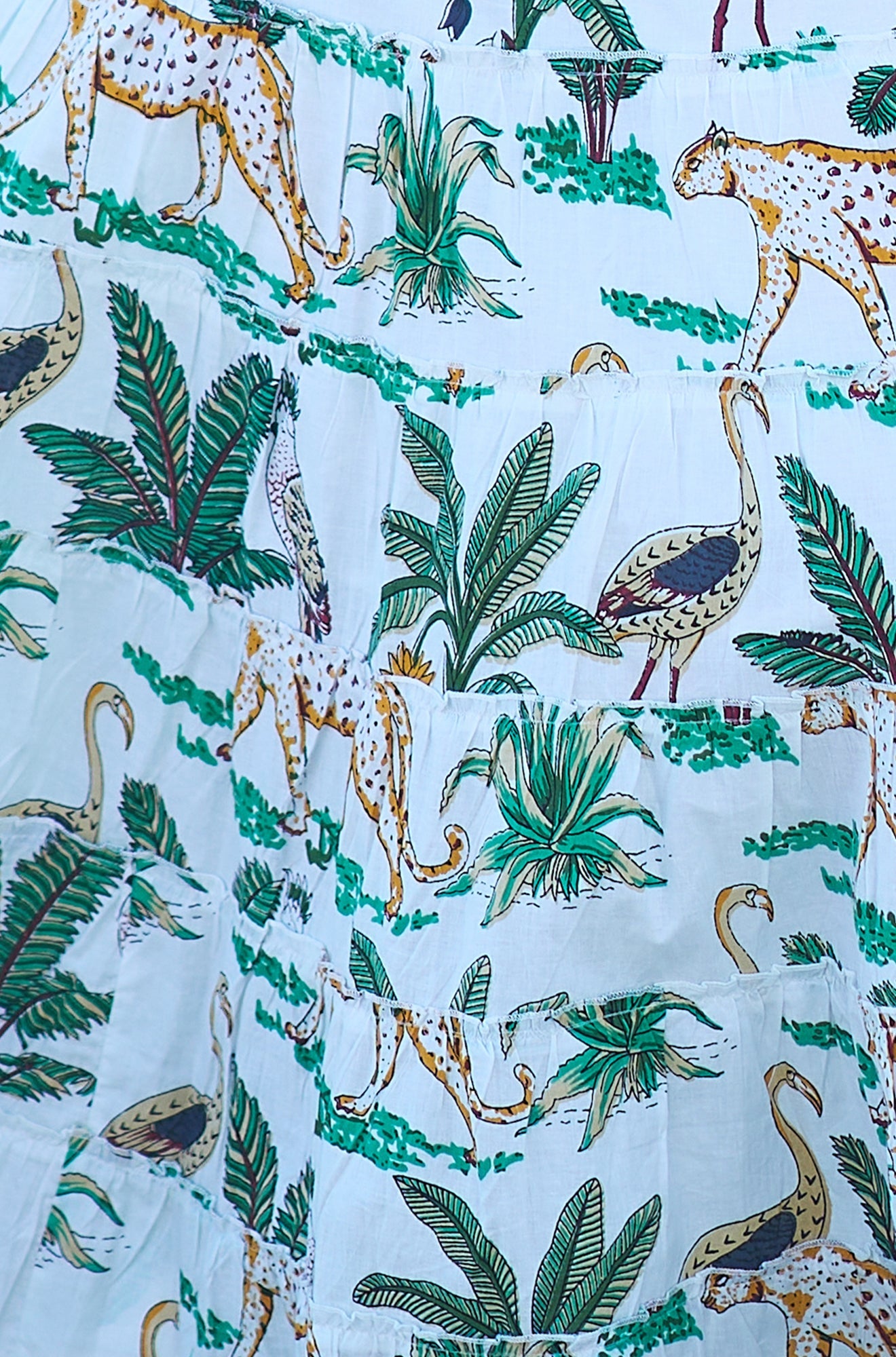 White Animal Print Cotton Tiered Maxi Skirt