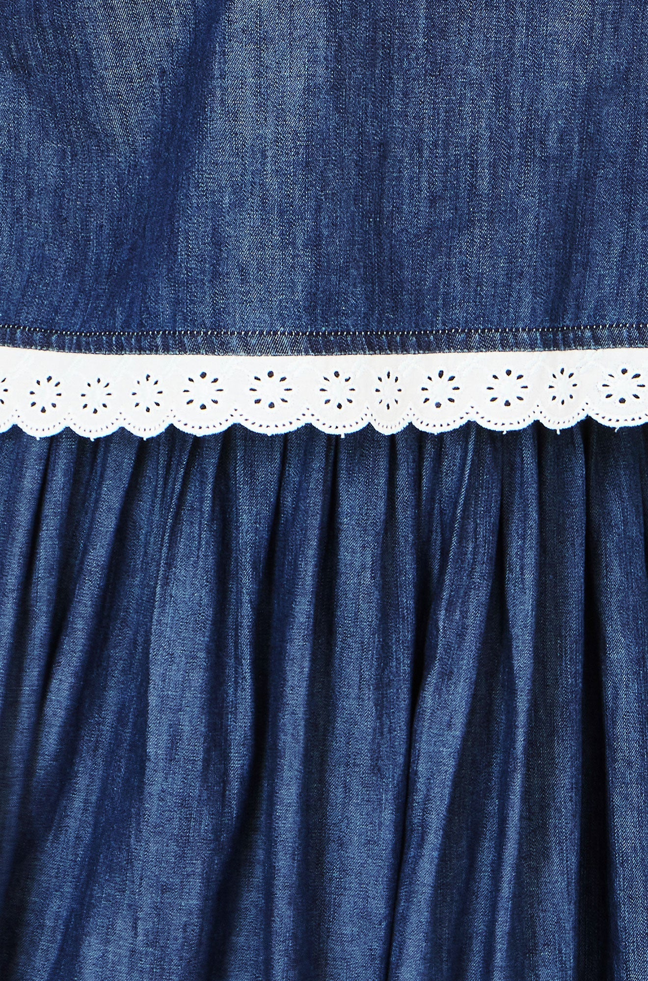 Blue Cotton Chambray Top With Lace Trims