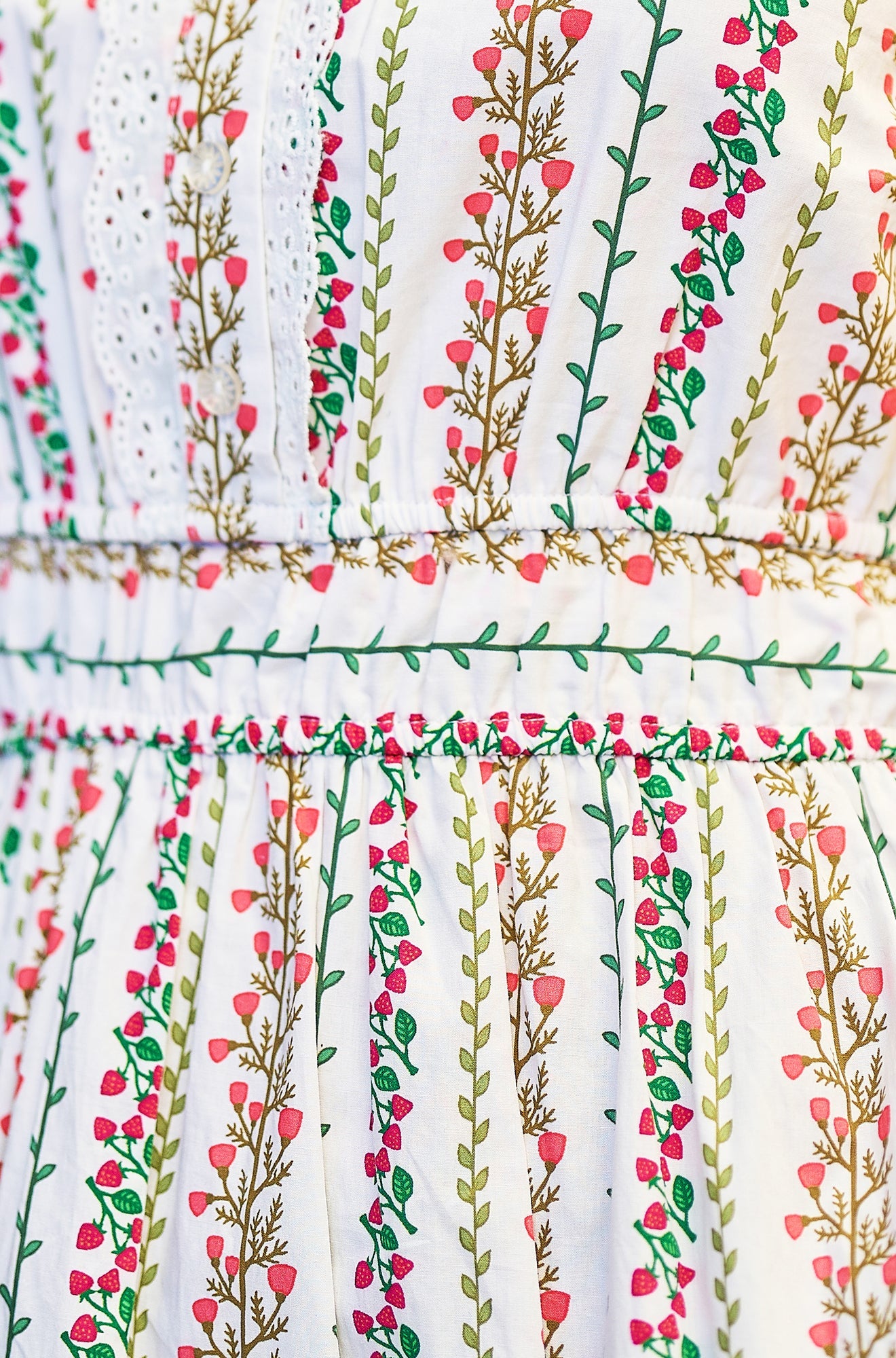 White Botanical Stripe Midi Dress With Lace Trims