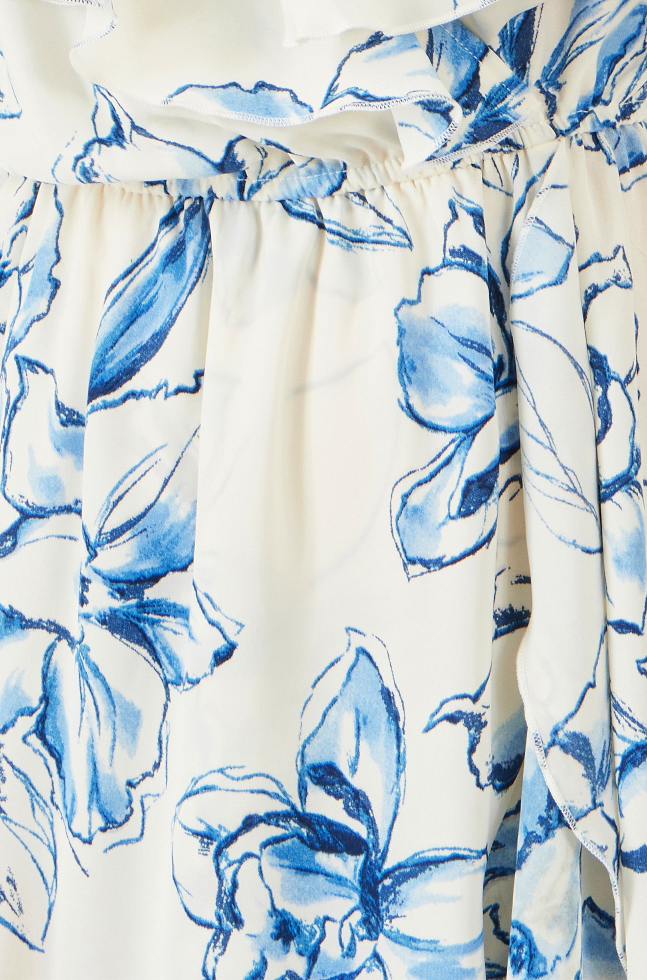 Ivory and Blue Floral Print Bardot Midi Dress With Dip Hem