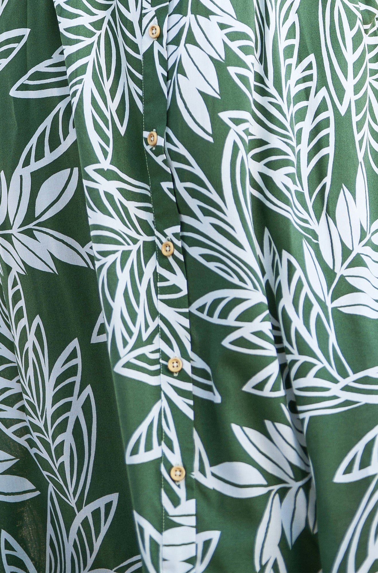 Green Leaf Print Viscose Relaxed Midi Shirt Dress