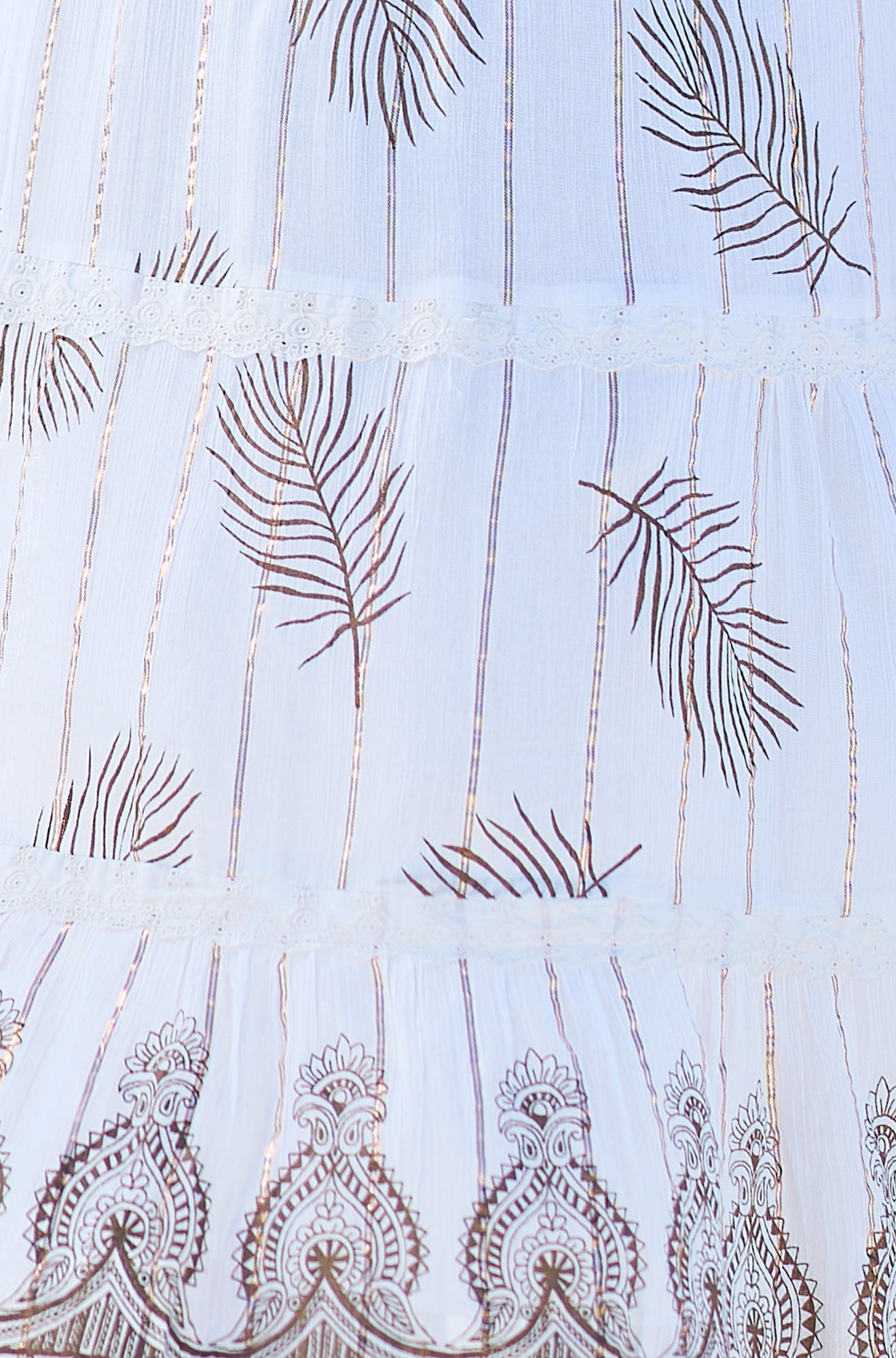 Ivory Foil Print Midi Sun Dress With Lace Trims
