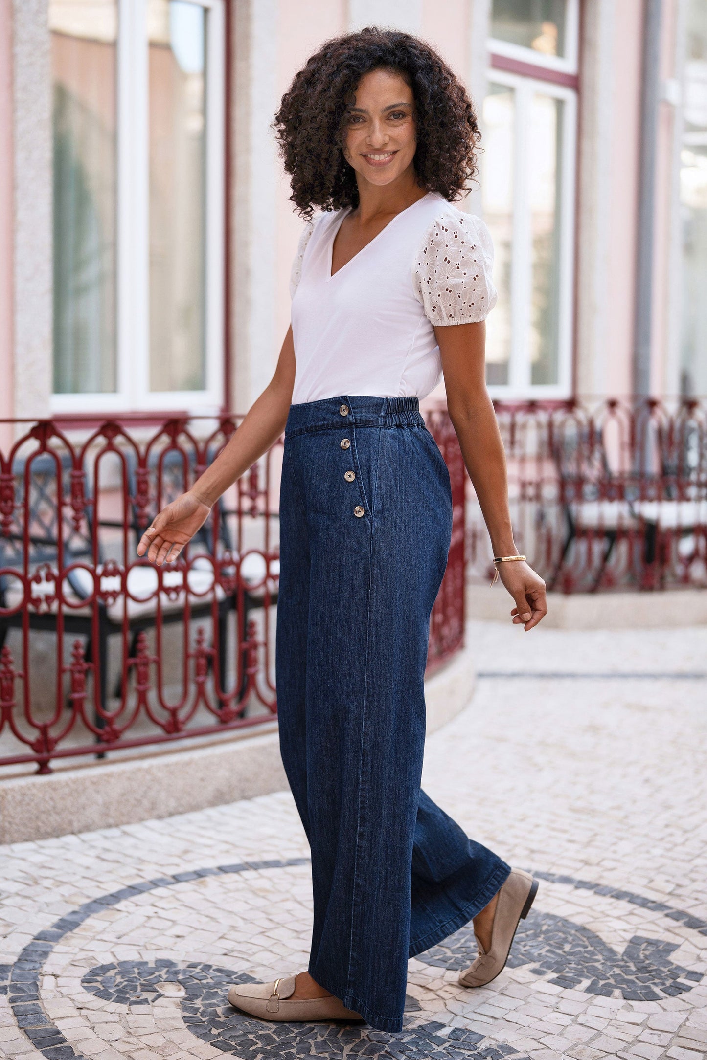 Blue Chambray Wide Leg Trousers With Button Details